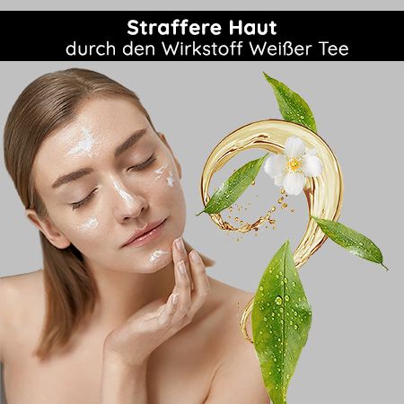 Frau mit Creme im Gesicht, daneben Blätter, Blüten und Öl. Text: Straffere Haut durch den Wirkstoff Weißer Tee.