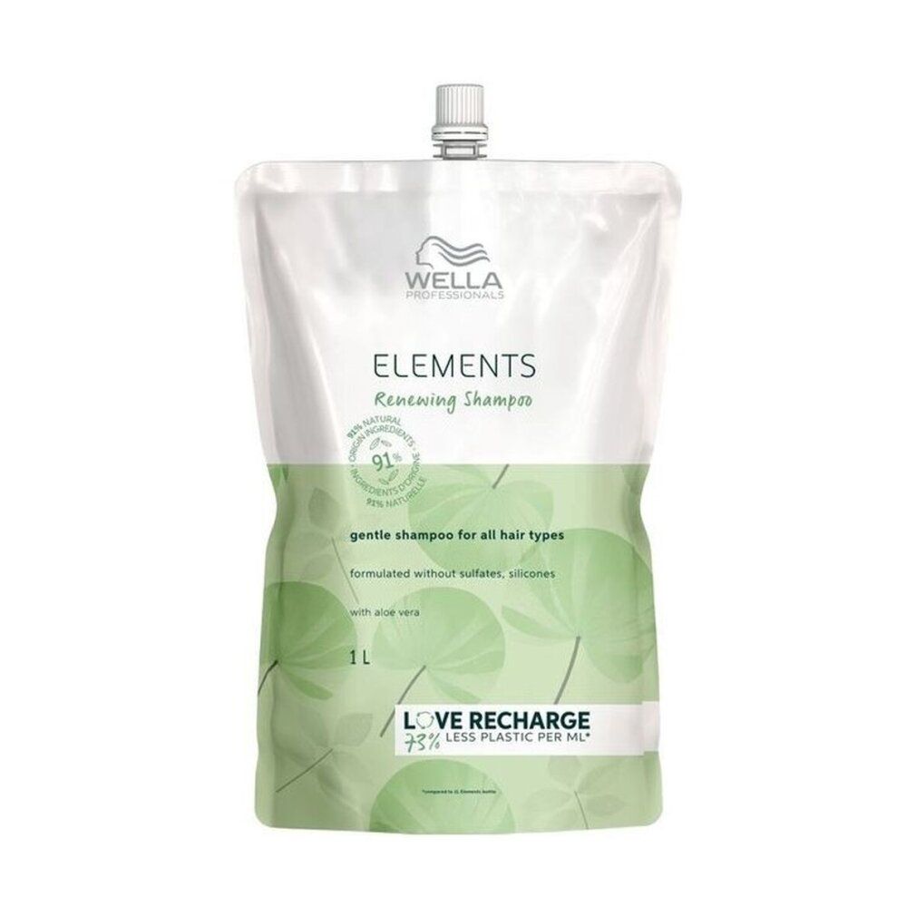 Shampoo-Beutel. Weiß-grüne Verpackung mit Produktnamen und Logo. 1L-Volumenangabe. Text: Love Recharge.
