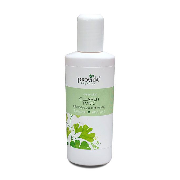 Weiße Flasche mit grünem Etikett. Aufschrift: Provida organics, Clearer Tonic. Enthält Thymian und Aloe Vera. Mit weißem Deckel.