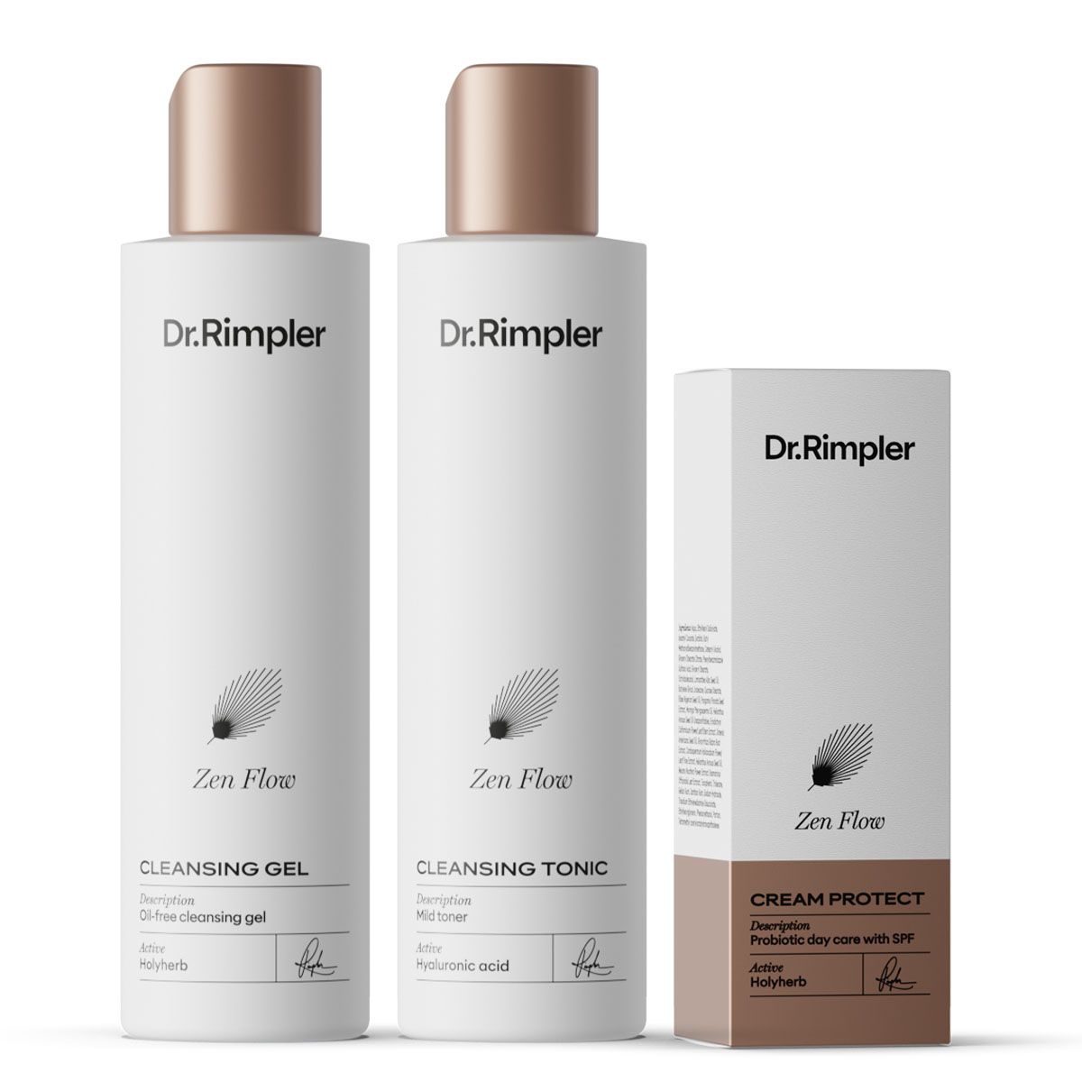 Dr. Rimpler Zen Flow Cleansing Gel, Cleansing Tonic und Cream Protect mit LSF.