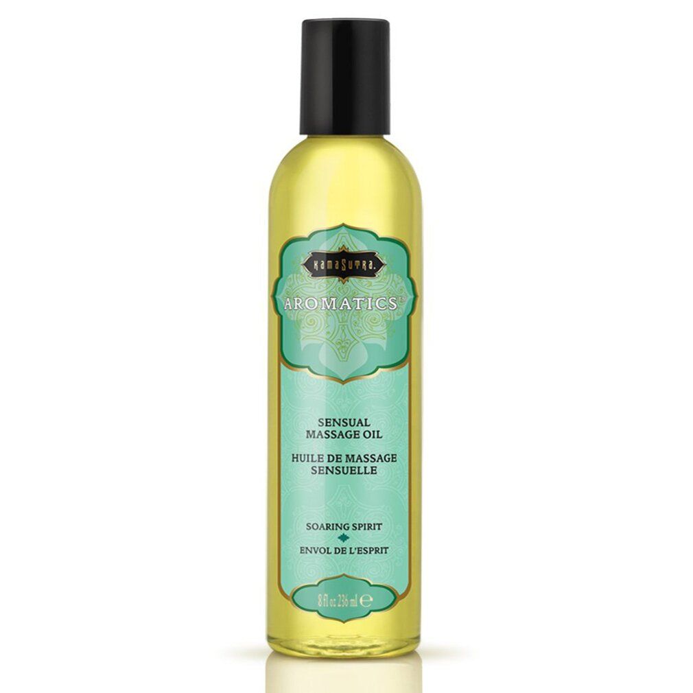 Kama Sutra Massageöl, Sensual Massage Oil. Flasche mit schwarzem Deckel und türkisfarbenem Etikett. Text: Aromatics, Massage Oil.