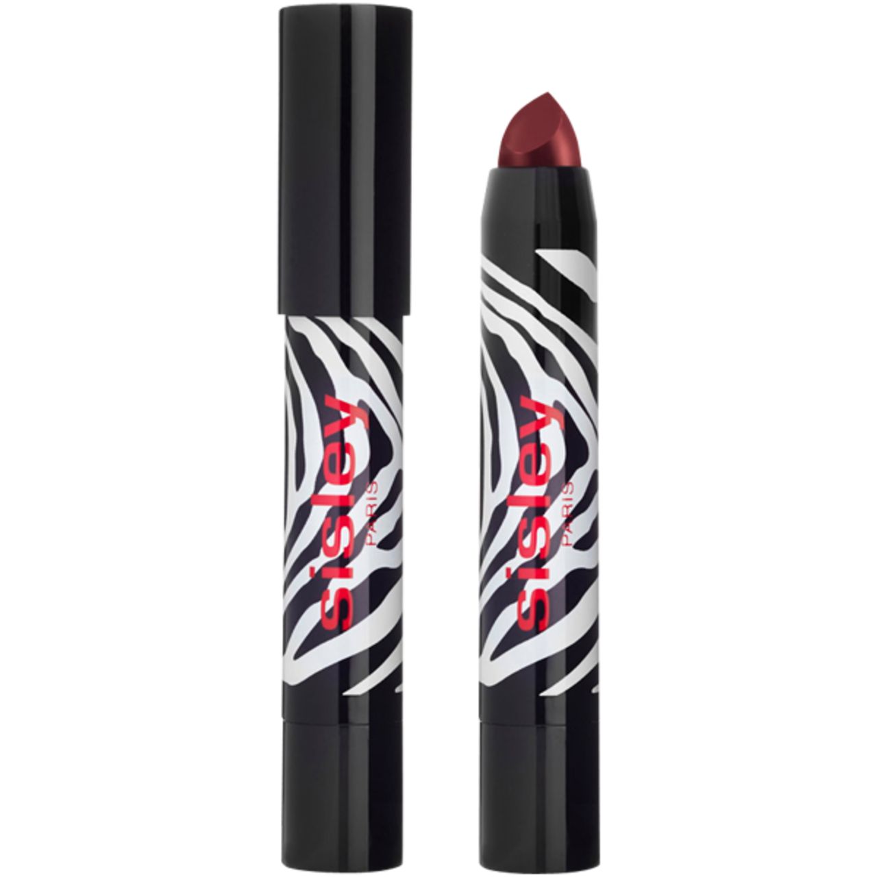 Lippenstift in Stiftform, schwarz-weiß Zebra-Muster, roter Schriftzug "Sisley Paris". Geöffneter Stift zeigt burgunderfarbene Spitze.