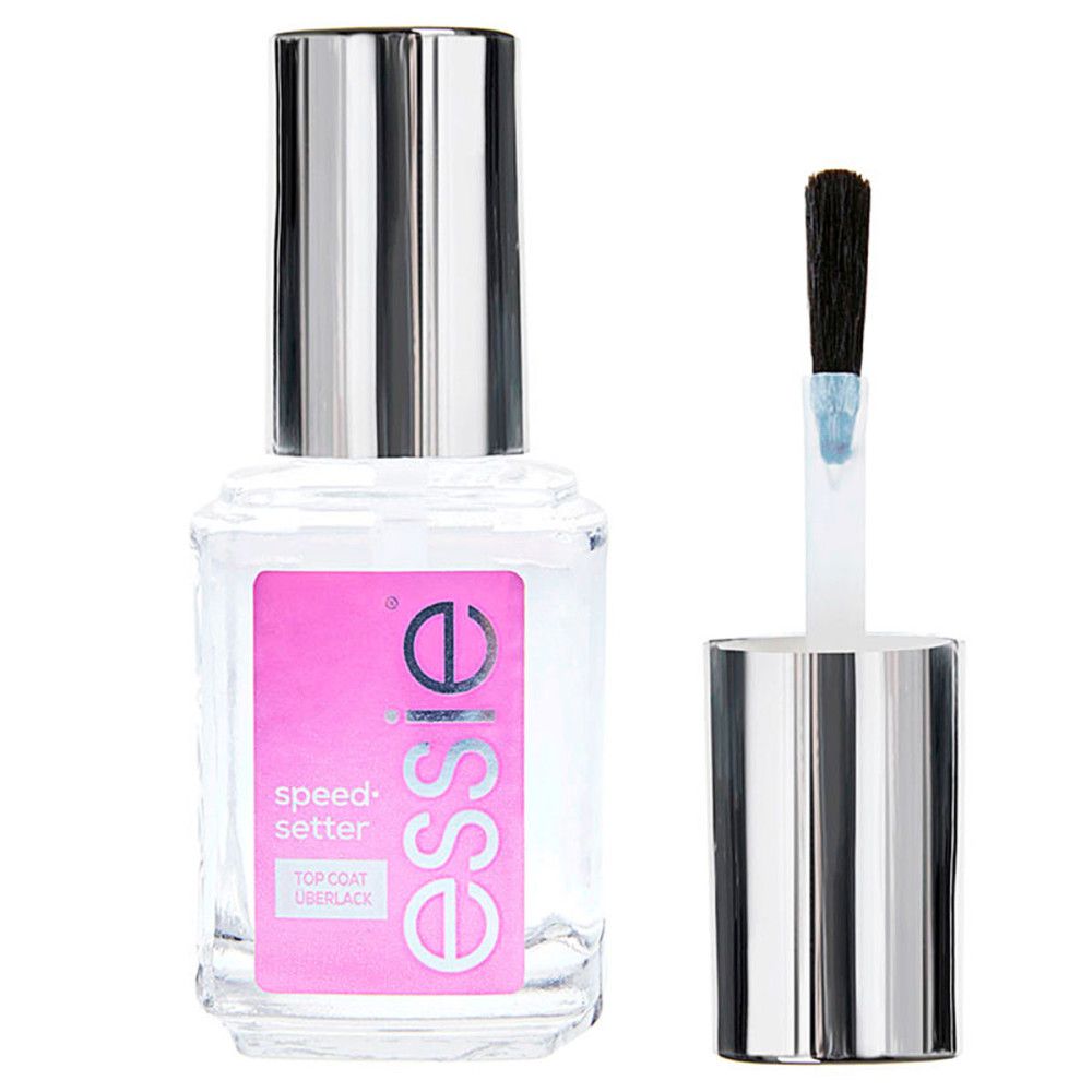Essie Speed-Setter Top Coat. Flasche mit silbernem Deckel und Pinsel. Rosa Etikett mit Produktnamen. Pinsel neben der Flasche.
