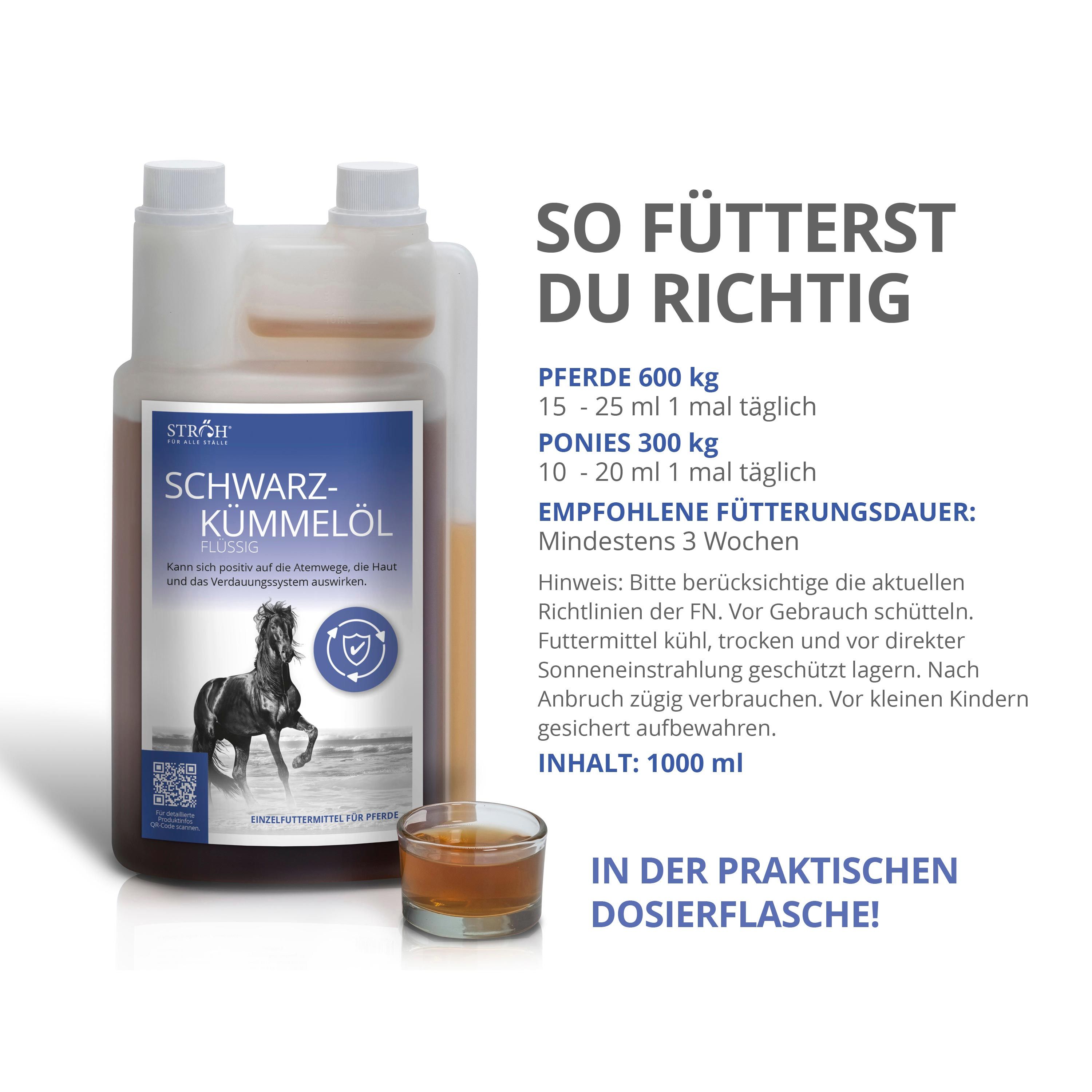 STRÖH Schwarzkümmelöl in Flasche und Glas. Text: Dosierung für Pferde und Ponys. Inhalt: 1000 ml. Praktische Dosierflasche.