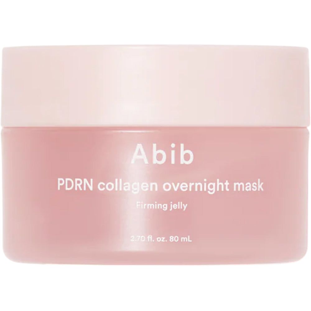 Rosa Dose mit Deckel. Aufschrift: Abib PDRN collagen overnight mask. Firming jelly. 2.70 fl. oz. 80 mL.