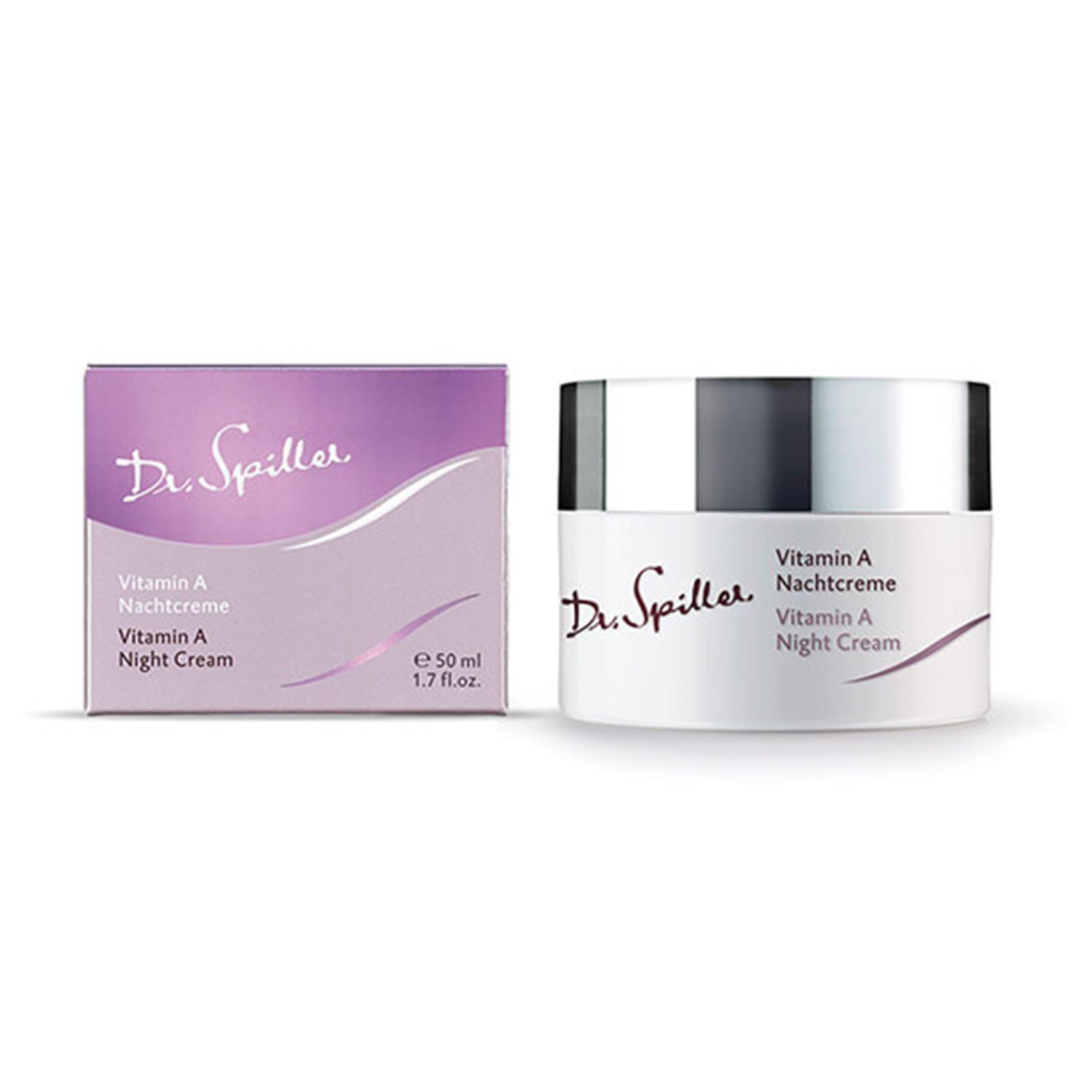 Creme-Tiegel und Schachtel. Aufschrift: Dr. Spiller, Vitamin A Nachtcreme, Vitamin A Night Cream, 50 ml.