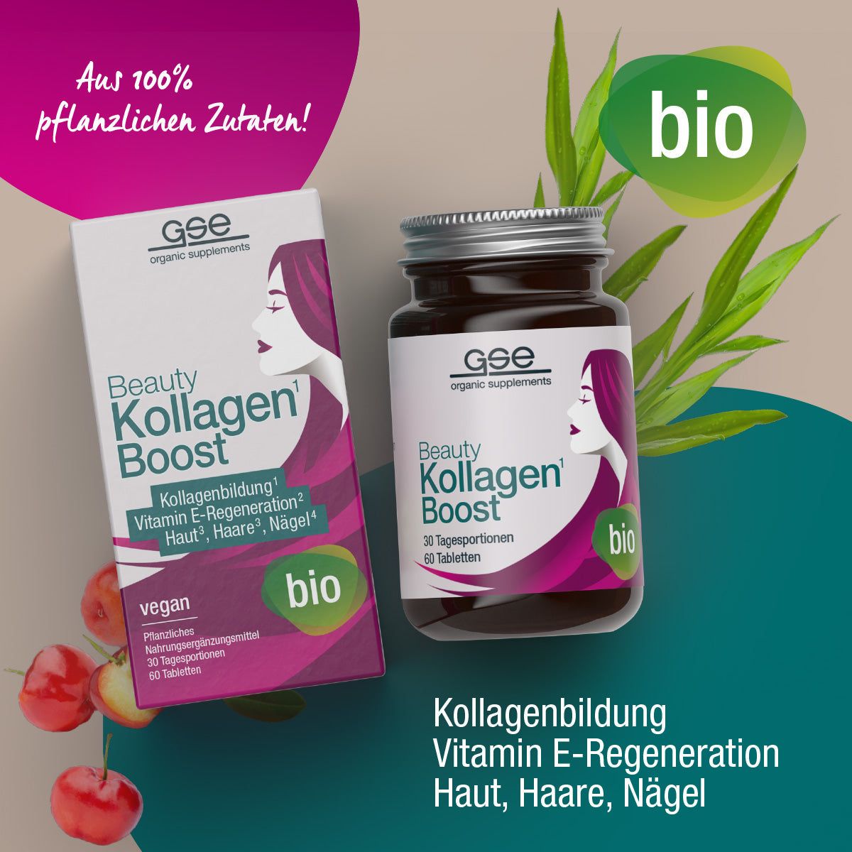 GSE Beauty Kollagen-Boost Bio. Dose und Schachtel. Bio-Siegel. Text: Aus 100% pflanzlichen Zutaten!