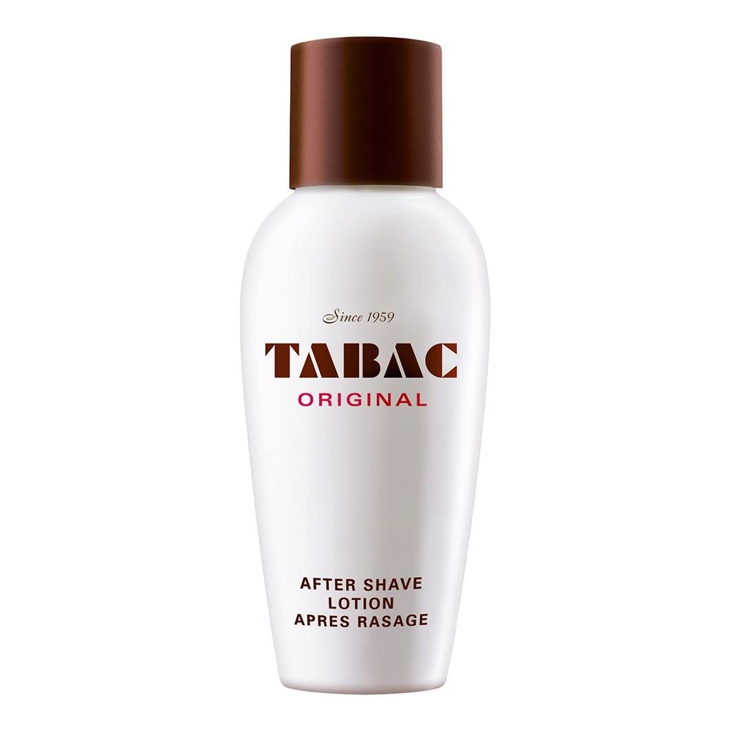 Weiße Flasche mit braunem Deckel. Aufschrift: TABAC ORIGINAL, After Shave Lotion, Après Rasage.