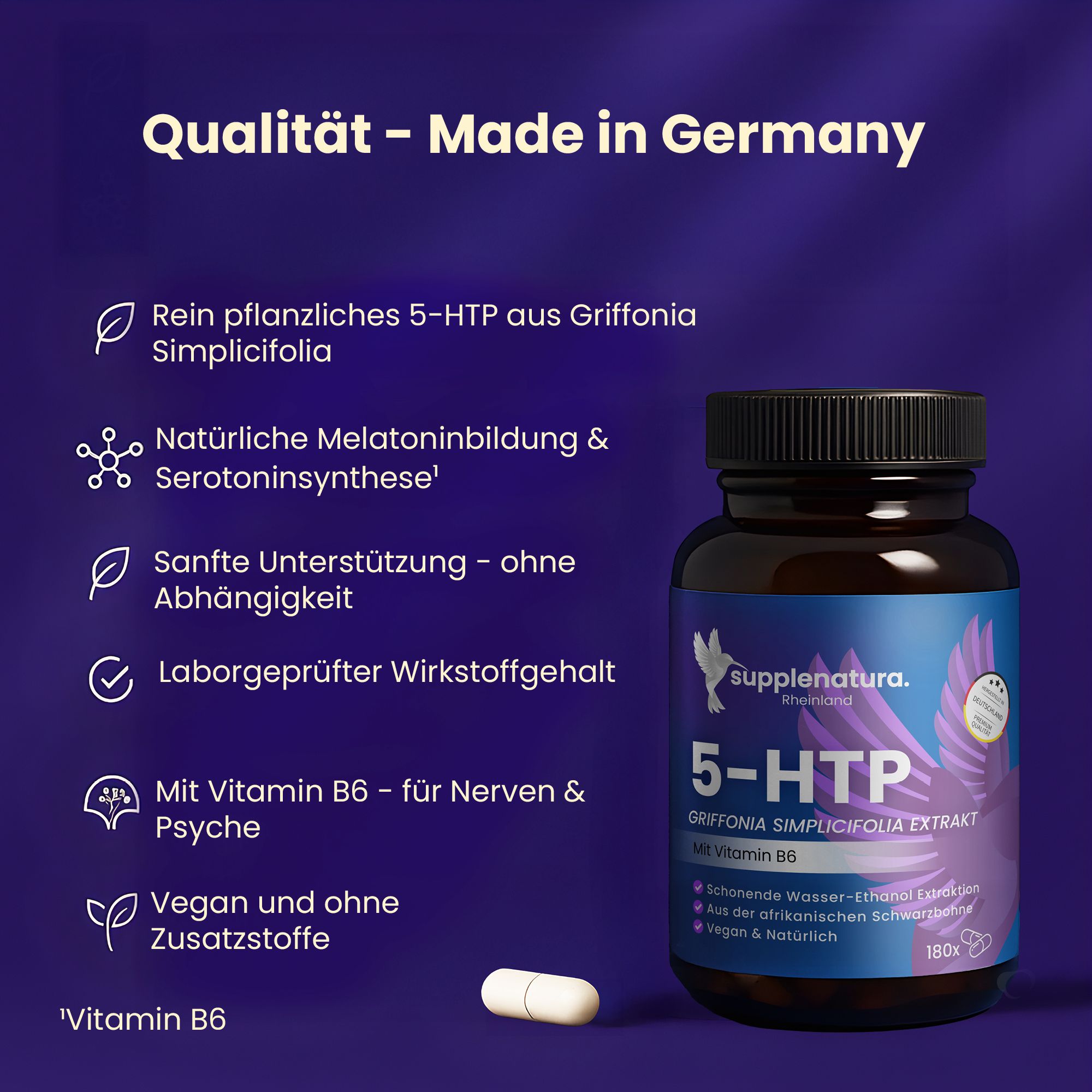 Dunkle Flasche mit 5-HTP-Kapseln, daneben eine Kapsel. Text über Inhaltsstoffe, Melatonin und Laborprüfung.
