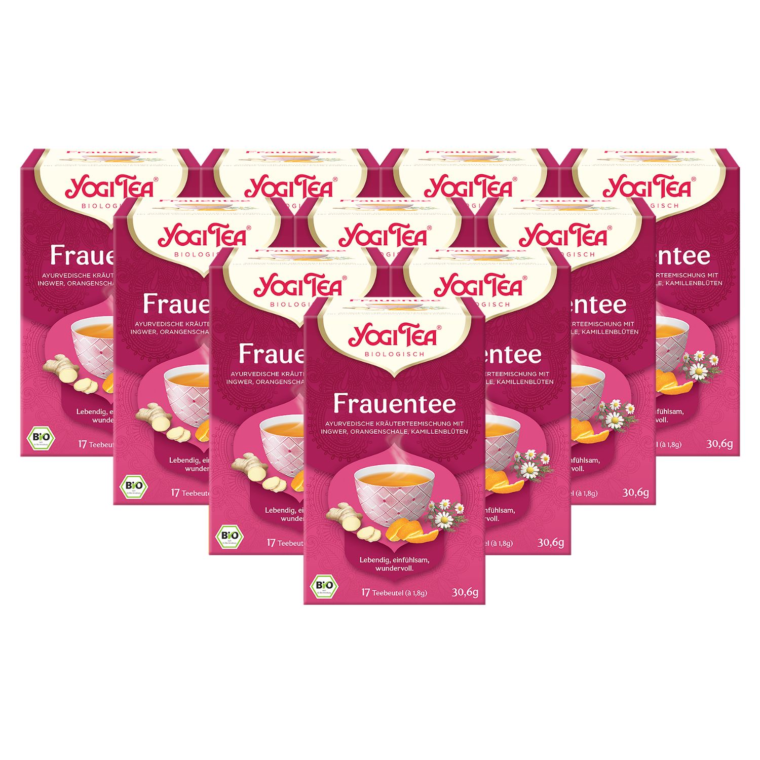 Mehrere Packungen Yogi Tea Frauentee. Aufdruck: Frauentee, ayurvedische Kräutermischung mit Ingwer, Orangenschale, Kamillenblüten. Bio-Siegel.