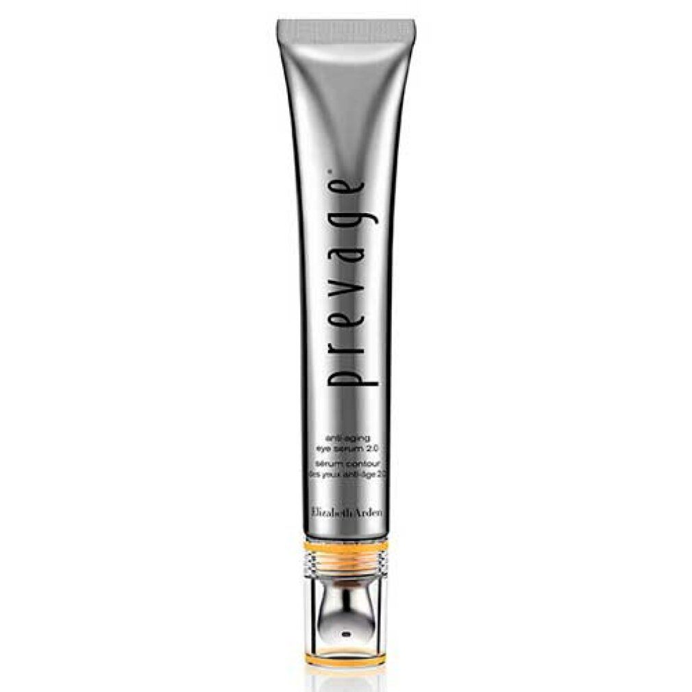 Silberne Tube mit Produkt. Aufschrift "prevage" und "anti-aging eye serum 2.0". Gelbe Applikatorspitze.