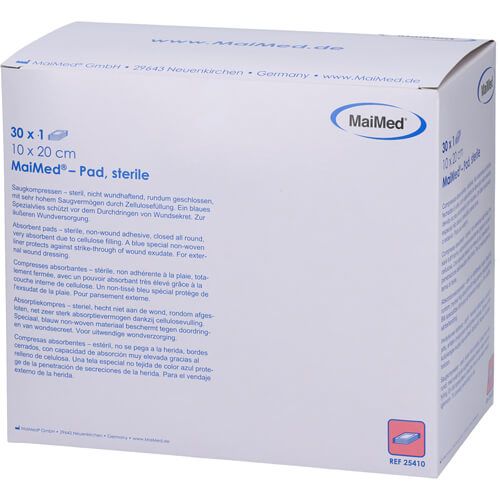 Weiße Verpackung. Aufdruck: MaiMed, 30 x 1, 10 x 20 cm, Pad, steril. Text in Deutsch, Englisch, Französisch, Italienisch, Spanisch.