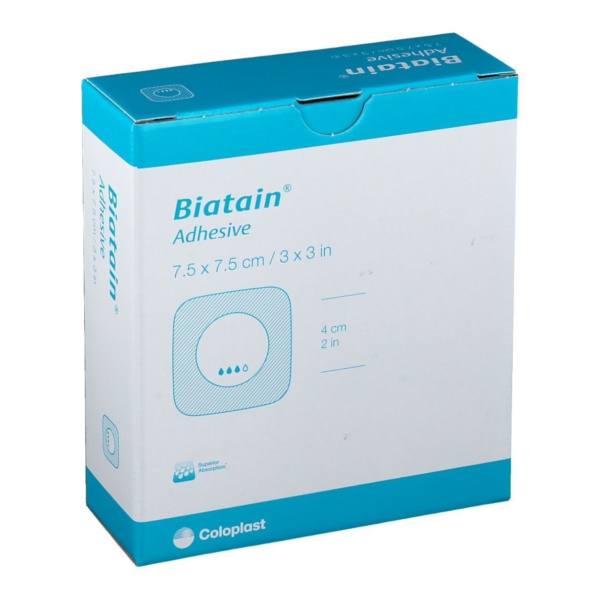 Verpackung von Biatain Adhesive, 7,5 x 7,5 cm. Blaue und weiße Schachtel mit Produktnamen und Größenangaben. Coloplast Logo.