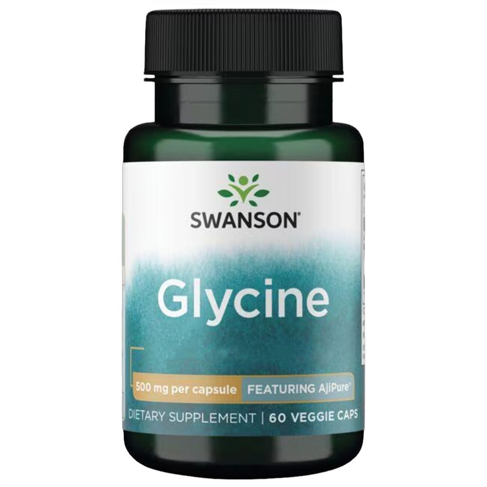 Dunkelgrüne Dose Swanson Glycine, 60 Veggie Caps, 500 mg pro Kapsel.