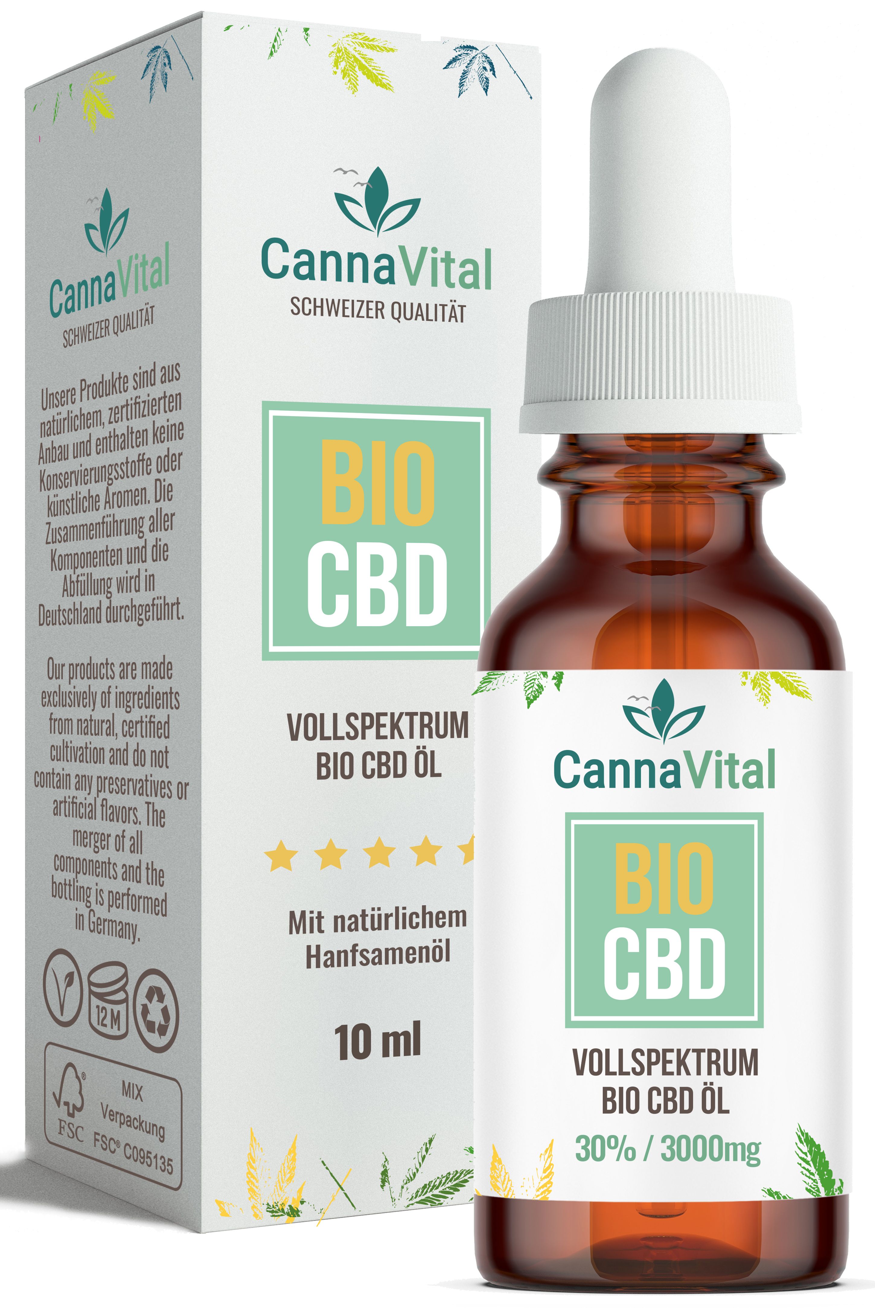 Braune Glasflasche mit Pipette und Karton. Aufschrift: BIO CBD, Vollspektrum, 10 ml. Marke: CannaVital.