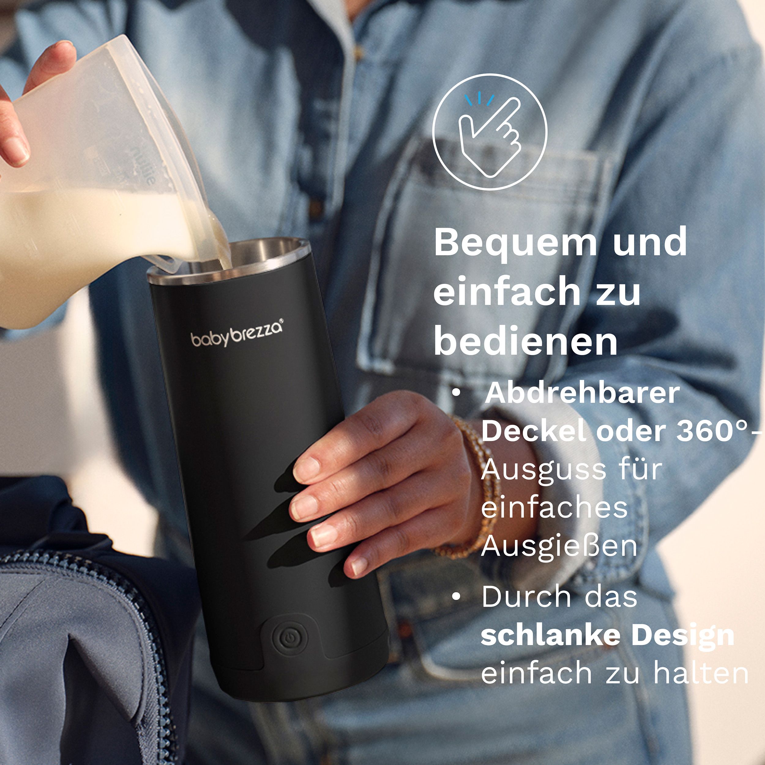 Schwarzer Wasserwärmer, Baby Brezza Logo. Person gießt Flüssigkeit ein. Text: "Bequem und einfach zu bedienen".