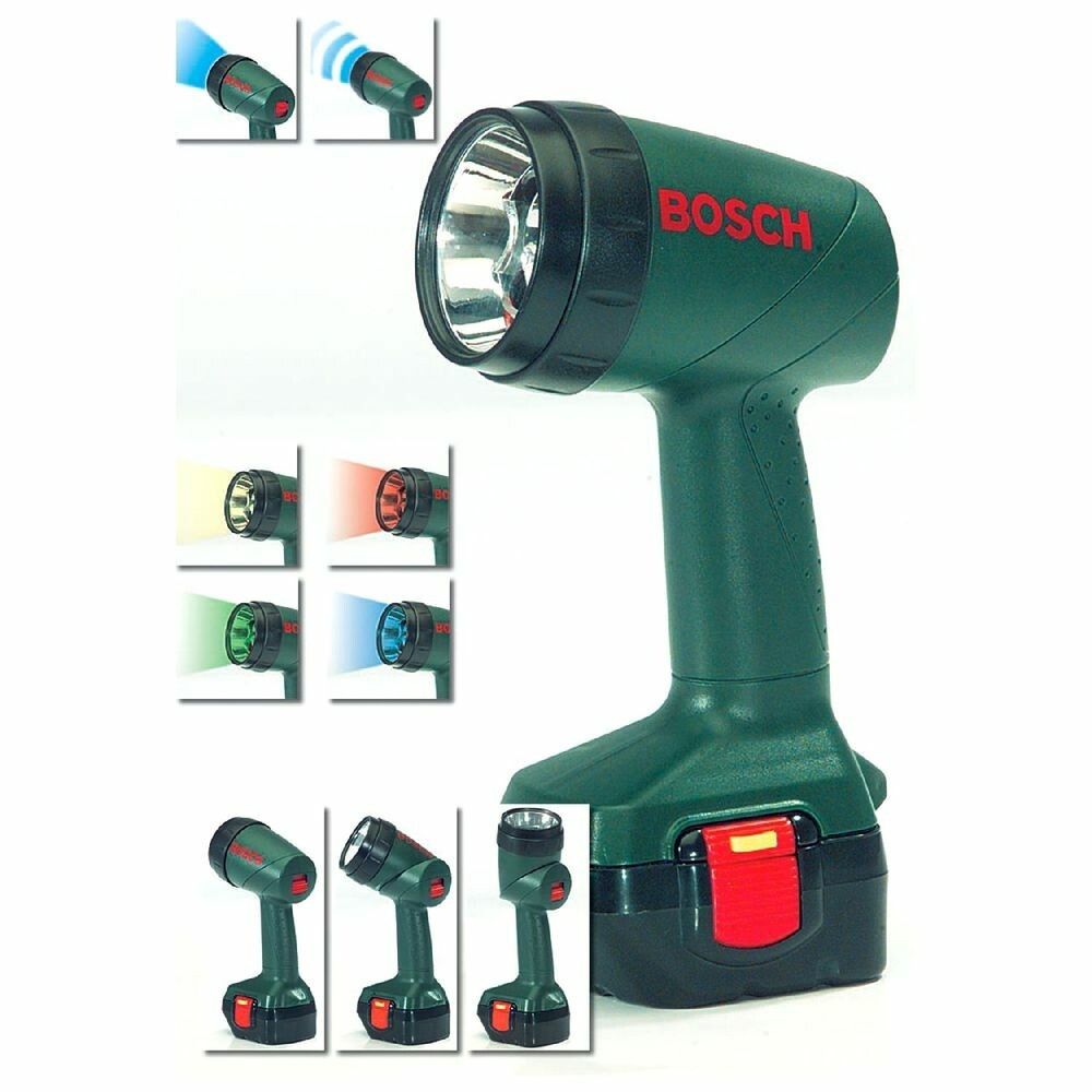 Grüne Akku-Lampe mit rotem Knopf und Bosch-Logo. Mehrere kleine Bilder zeigen verschiedene Lichtfarben.