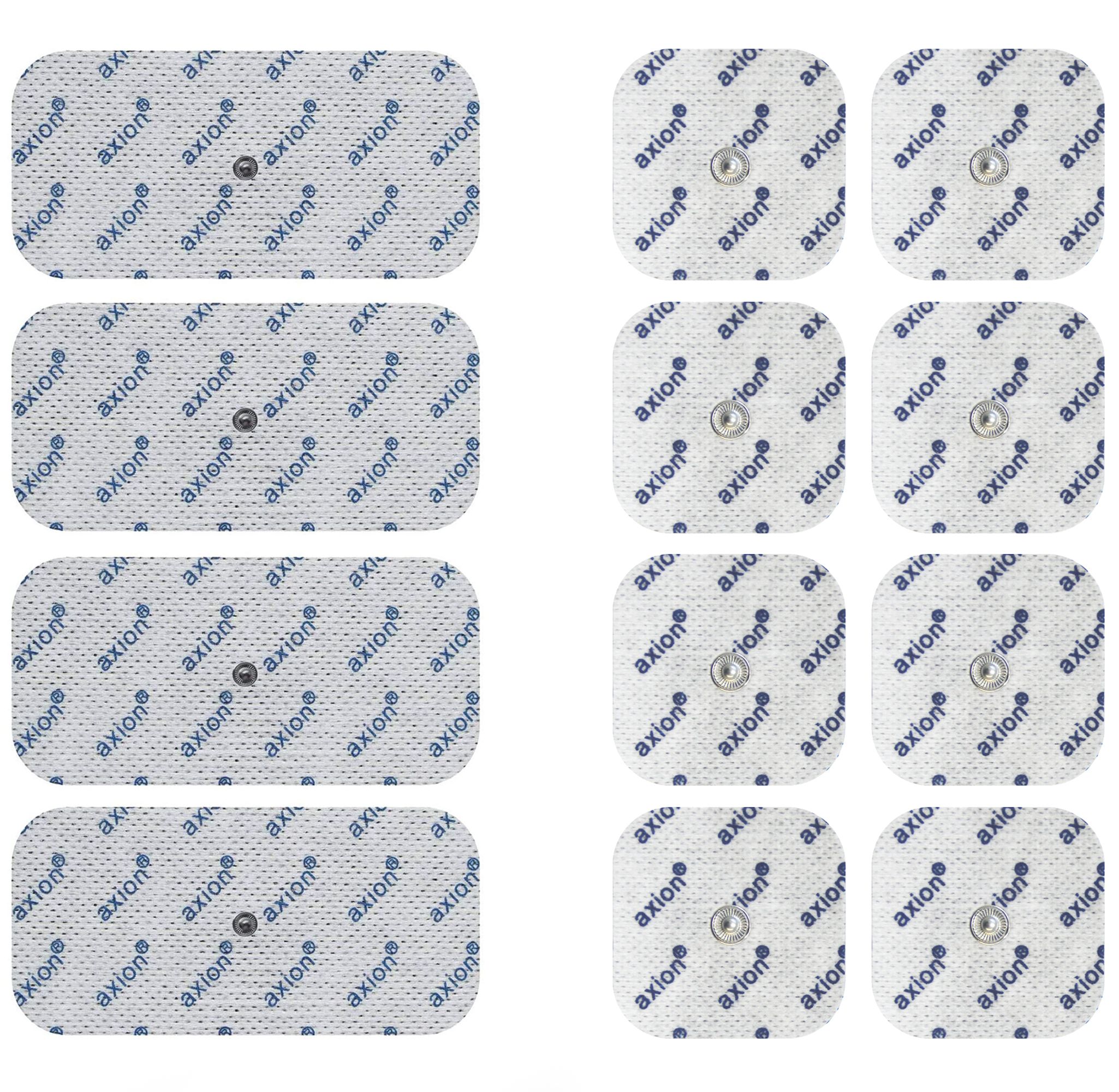 Meerdere axion® elektrodepads. Vierkant, met drukknopverbinding. axion® logo.