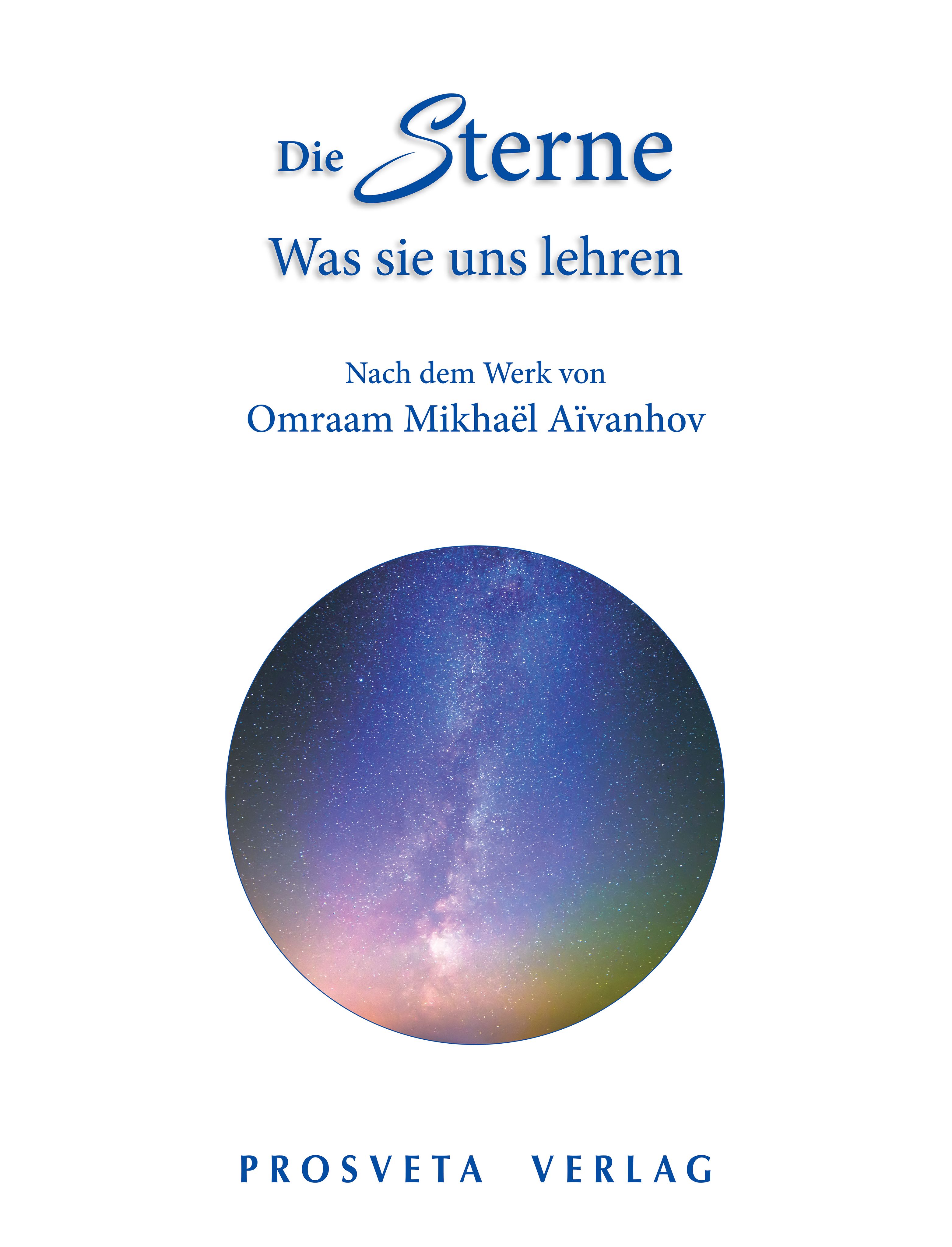 Buchcover mit Titel "Die Sterne: Was sie uns lehren". Blauer Hintergrund mit Sternenbild. Verlag Prosveda.