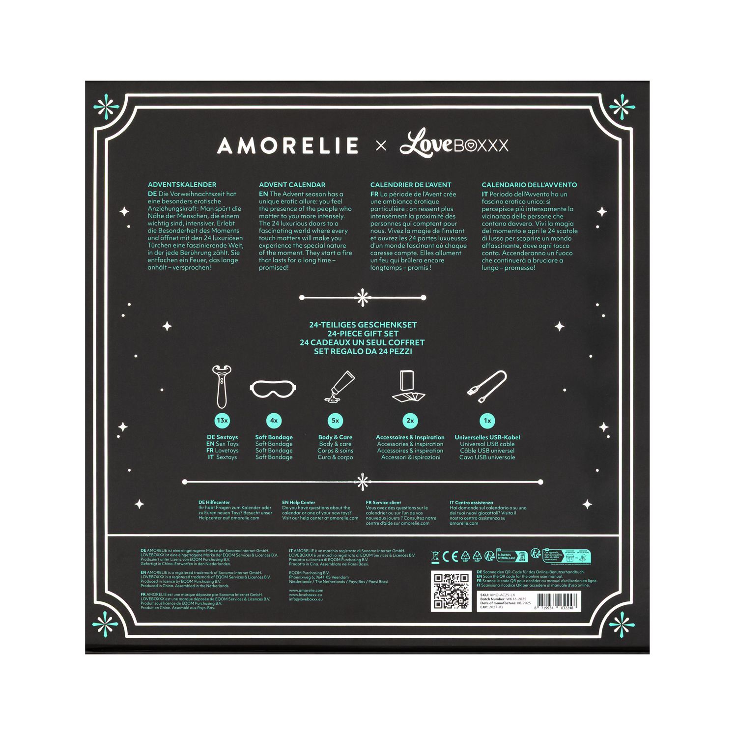 Rückseite der Adventskalender-Box mit Text in Deutsch, Englisch, Französisch und Italienisch. Enthält Produktabbildungen.