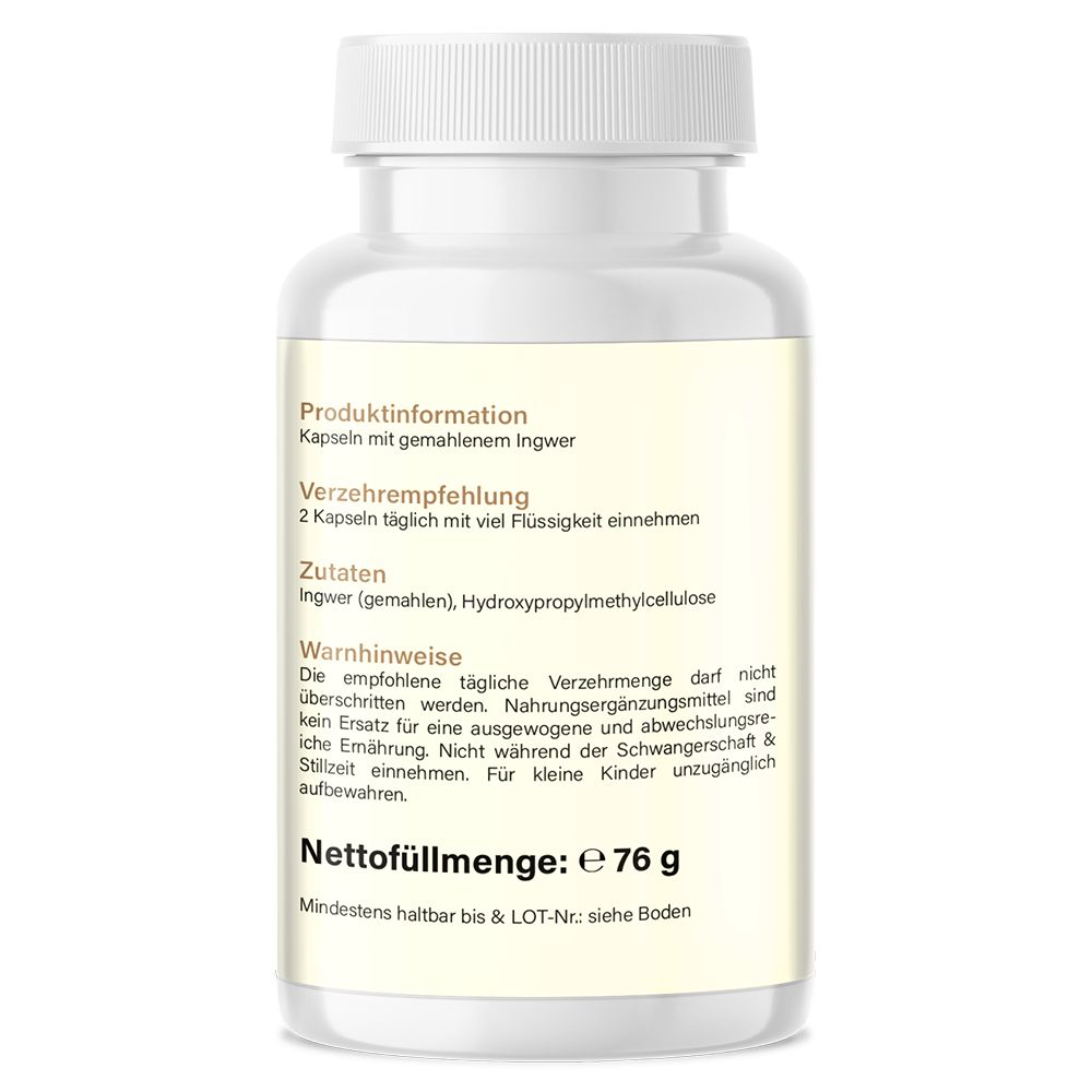 Rückseite einer weißen Flasche. Text: Produktinformationen, Zutaten, Warnhinweise, Nettogewicht 76g.