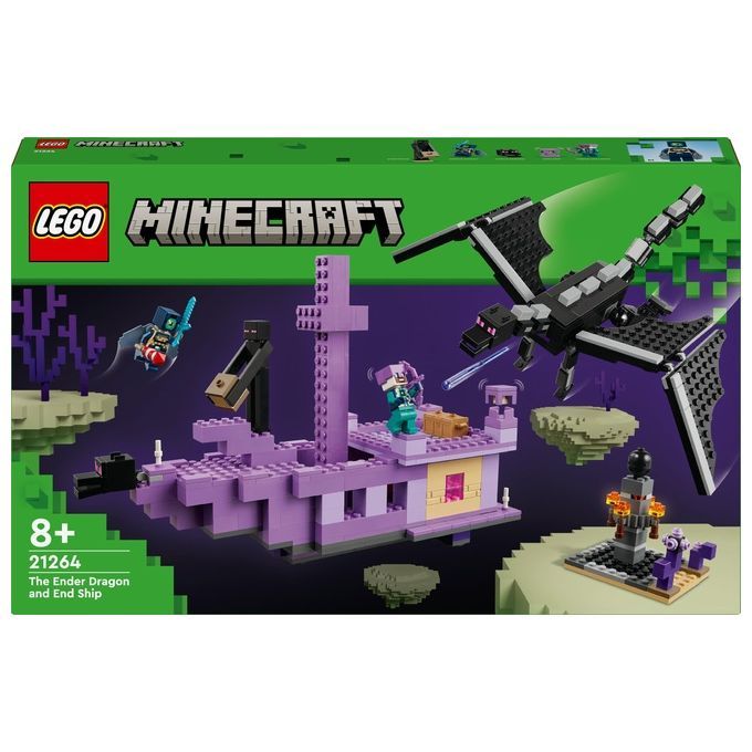 Set LEGO Minecraft raffigurante l'Ender Dragon e la Nave dell'End. La confezione mostra una scena con una nave viola, un drago nero e personaggi di Minecraft. Il set è adatto a bambini dagli 8 anni in su e porta il numero 21264.