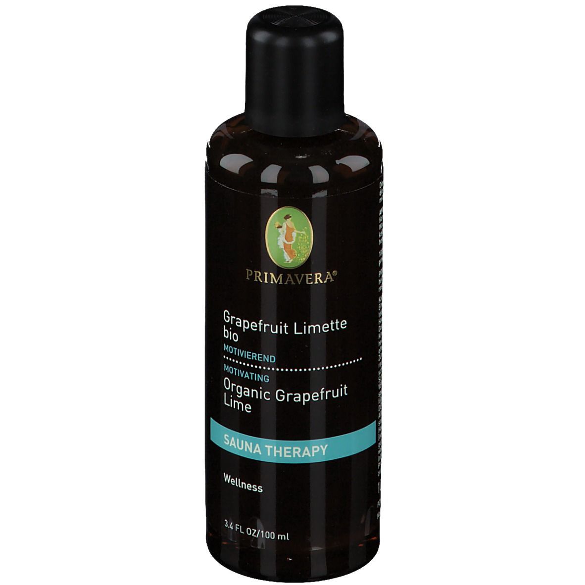 Braune Flasche mit schwarzem Deckel. Etikett mit PRIMAVERA, Grapefruit Limette BIO, Sauna Therapy. 100 ml.