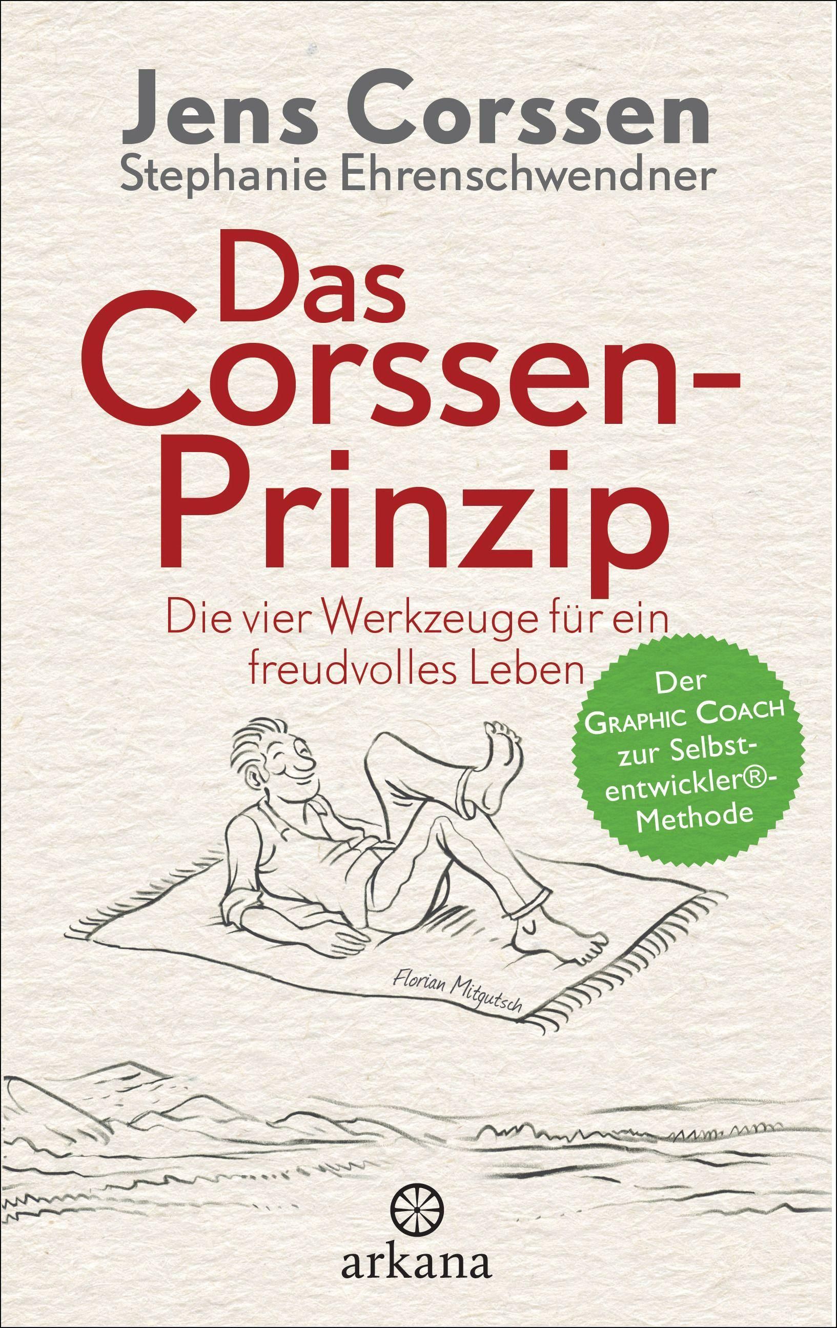 Buchcover: "Das Corssen-Prinzip". Titel in Rot, Autor Jens Corssen. Illustration einer Person auf Decke.