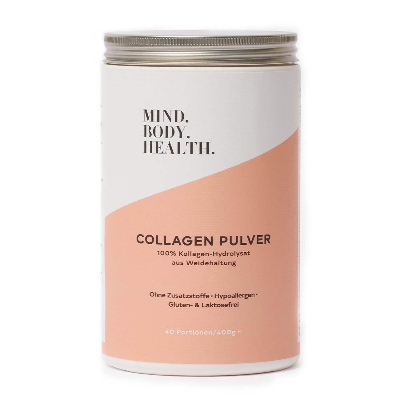 Weißes zylindrisches Gefäß mit Deckel. Aufschrift: MIND.BODY.HEALTH. COLLAGEN PULVER. Rosa Etikett mit Text.