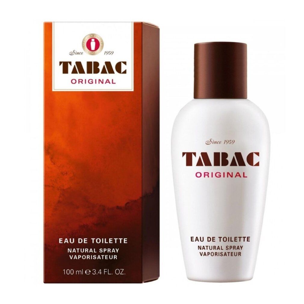 Weiße Flasche mit braunem Deckel und Verpackung. Tabac Original Schriftzug. Eau de Toilette Natural Spray Vaporisateur.