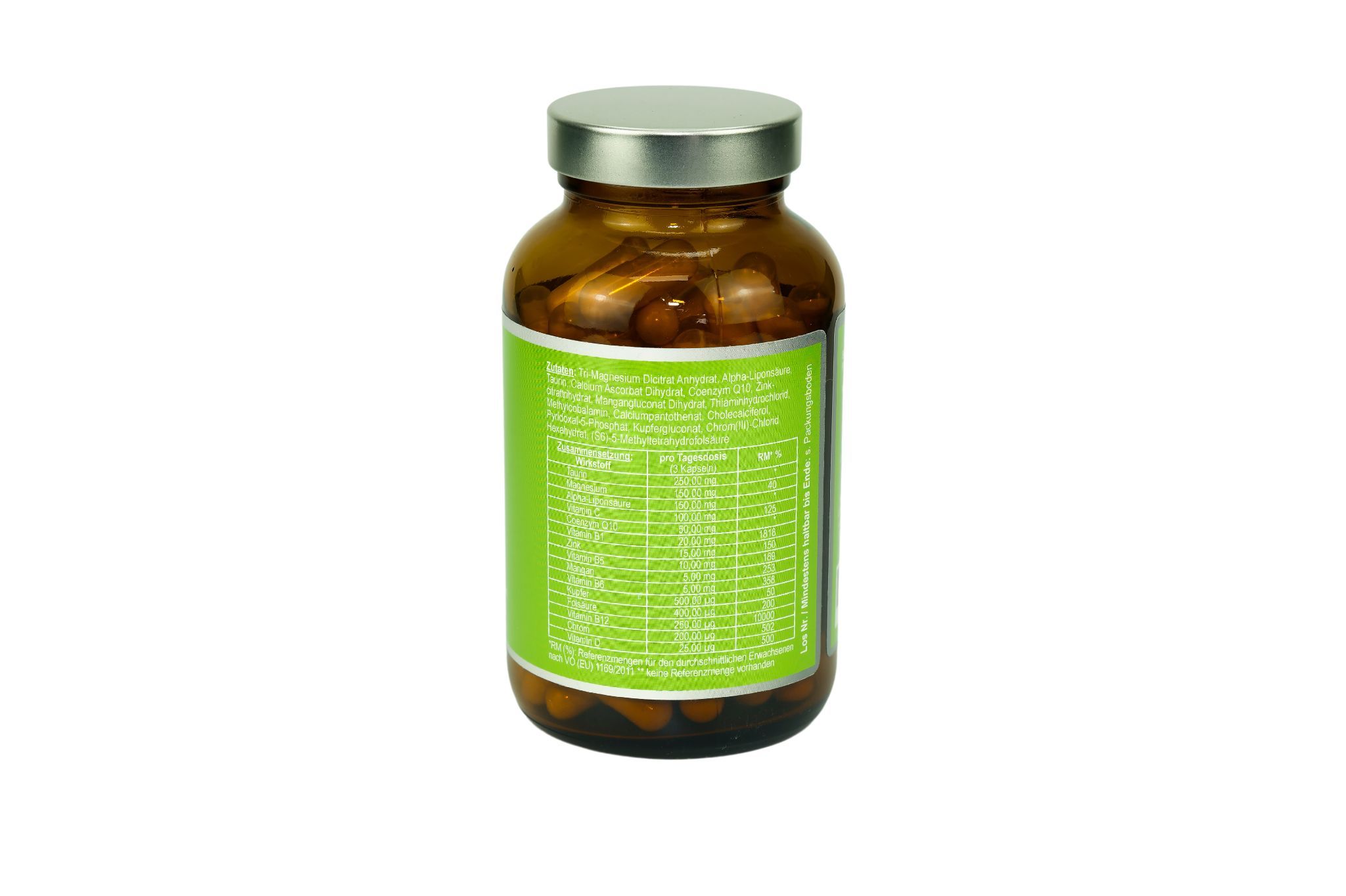 Braune Glasflasche mit grünem Etikett. Rückseite mit Text. Niederrhein Vital® Blutzucker Vital.