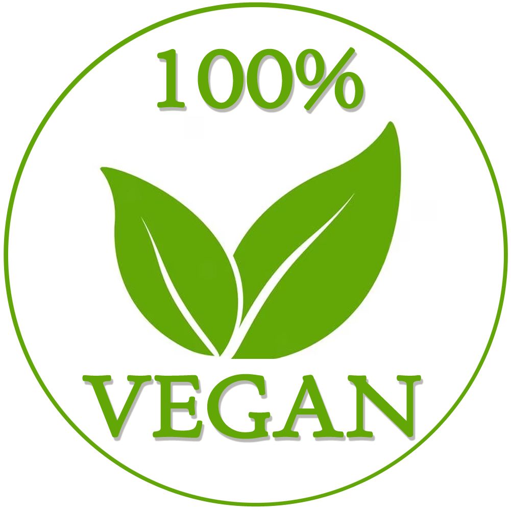 100% Vegan Siegel mit zwei grünen Blättern.