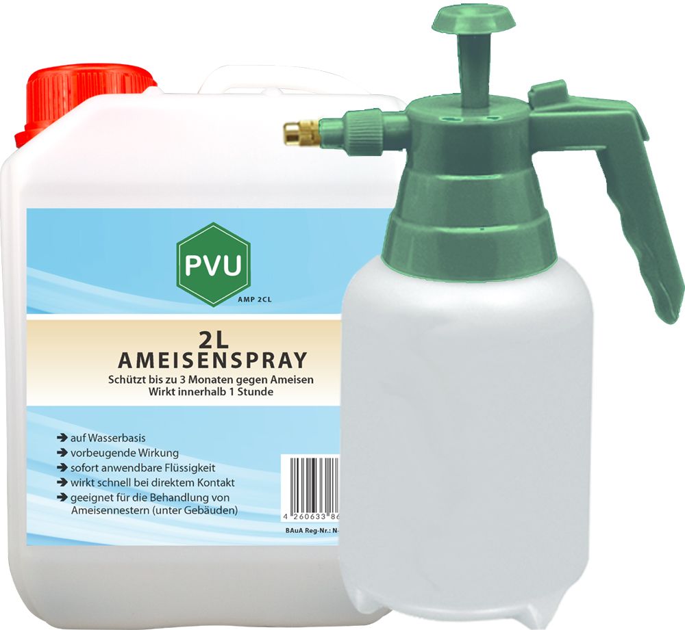 Weißer Kanister und Sprühflasche. Aufschrift: PVU, 2L Ameisenspray. Roter Deckel, grüner Sprühkopf. Text: Schützt bis zu 3 Monaten gegen Ameisen.