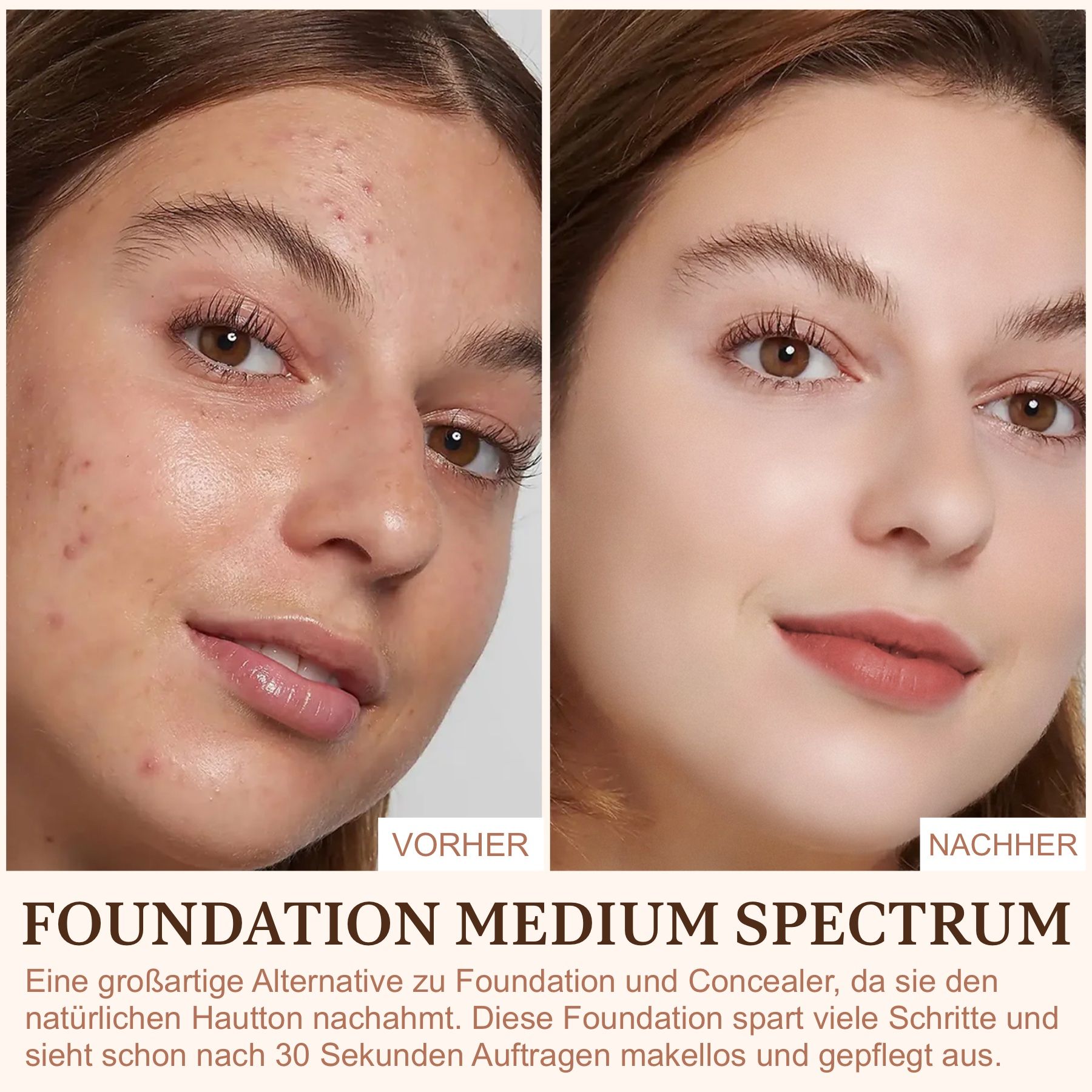 Vorher-Nachher-Vergleich einer Frau mit Foundation. Auf dem Produkt steht "Foundation Medium Spectrum".