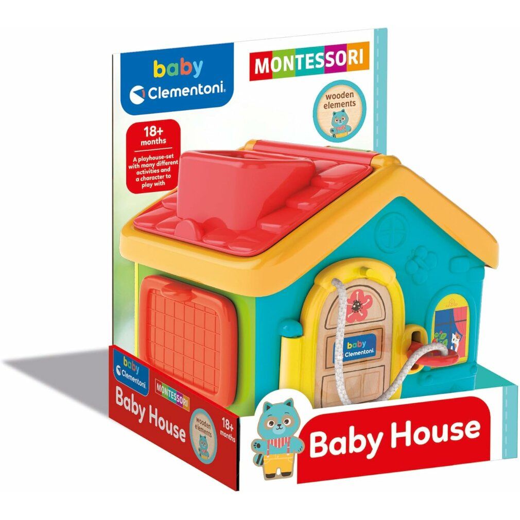 Verpackung des Spielhauses. Spielhaus mit Tierfigur. Marke Baby Clementoni. Altersempfehlung 18+ Monate.