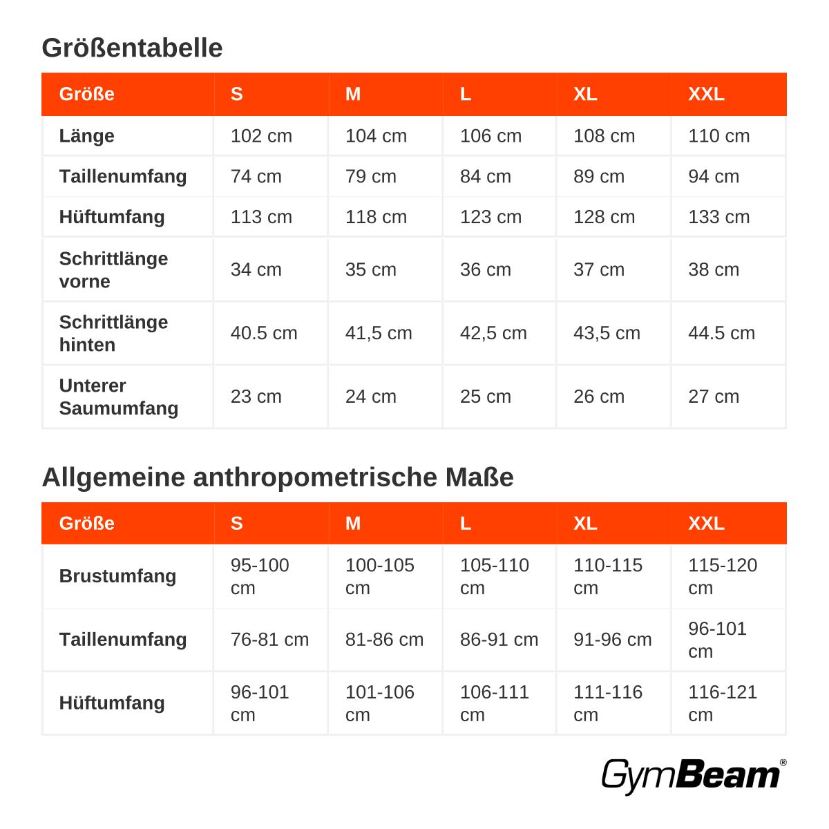 Größentabelle für Herren-Jogginghosen: Maße für Länge, Bund, Hüfte und Schritt.