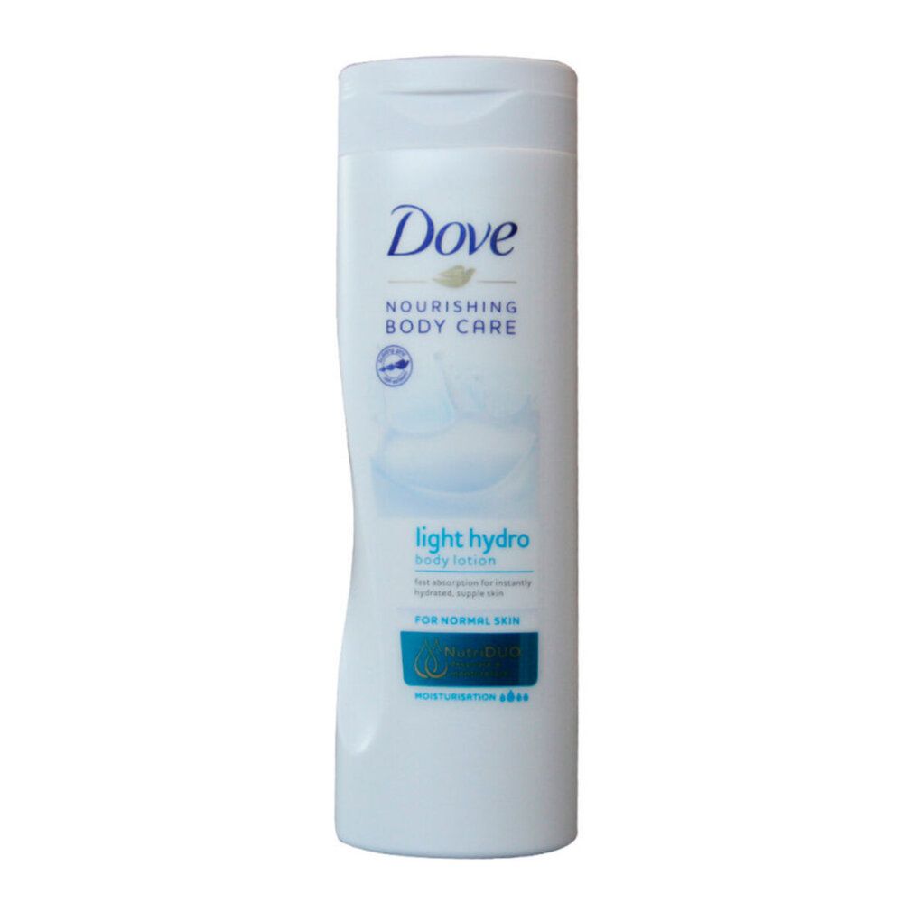 Weiße Dove-Flasche mit Text. Aufschrift: Nourishing Body Care, light hydro, body lotion. Für normale Haut. Blaue Details.