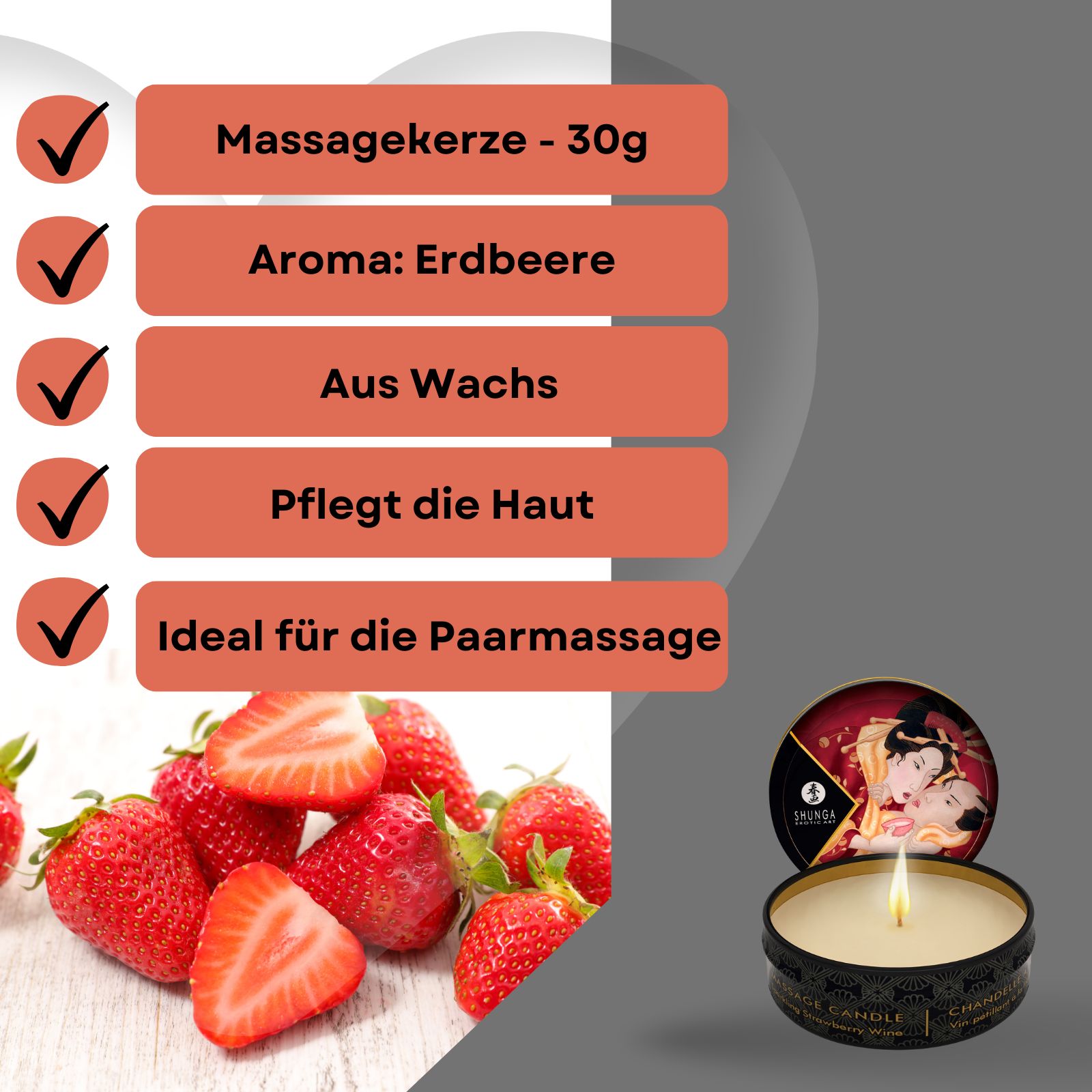 Massagekerze mit Erdbeeraroma. Erdbeeren neben Dose. Text: Massagekerze, Aroma: Erdbeere, Aus Wachs, Pflegt die Haut, Ideal für die Paarmassage.