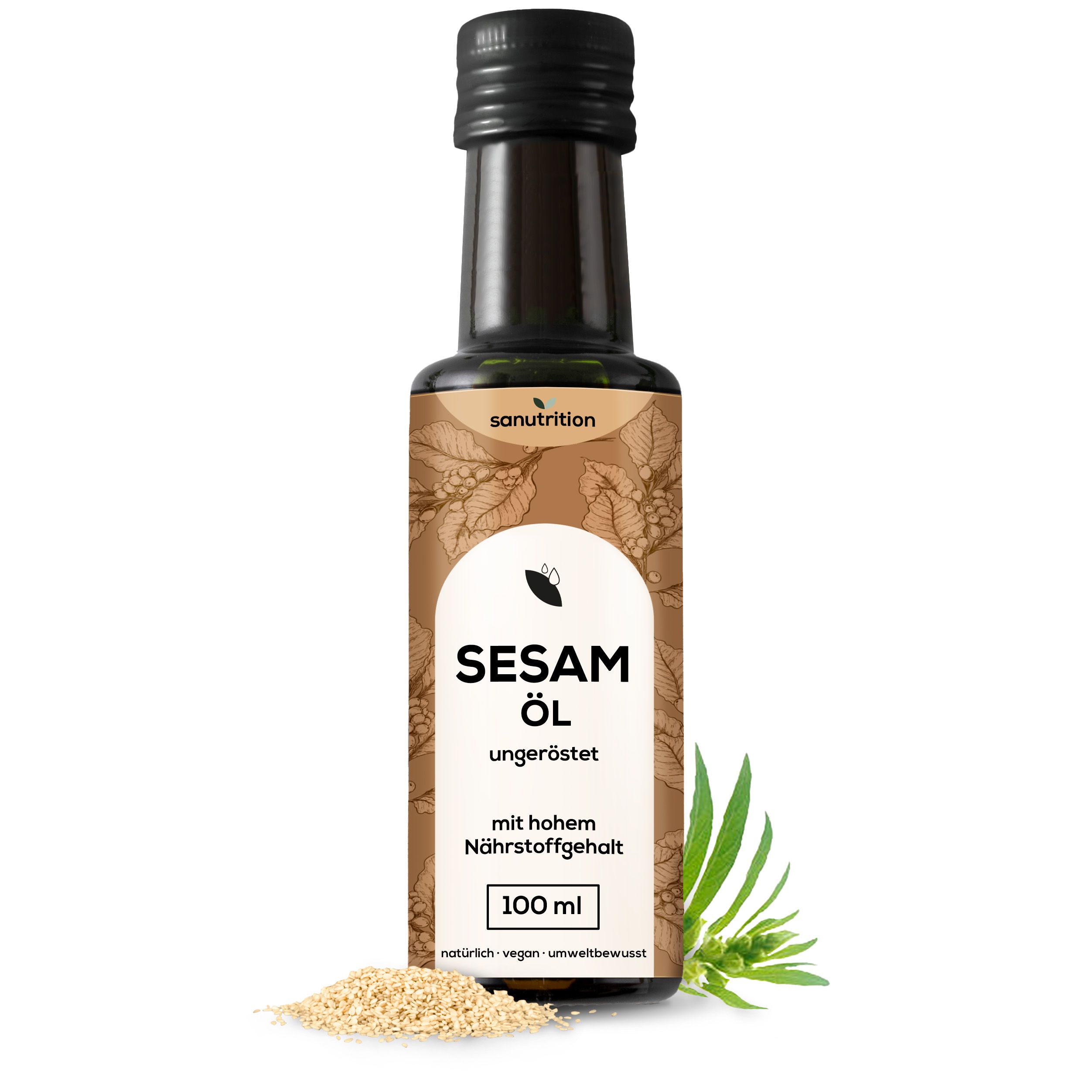 Braune Glasflasche mit Sesamöl. Etikett mit "Sanutrition", "Sesam Öl", "ungeröstet" und "100 ml". Daneben Sesamkörner und grüne Blätter.