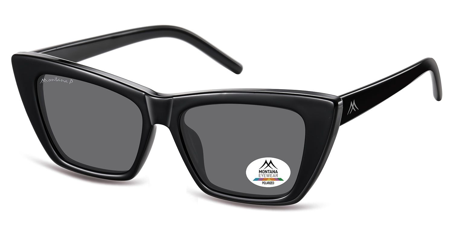 Schwarze Sonnenbrille mit eckigen Gläsern. Montana Eyewear Logo und polarisiert-Aufkleber. Schwarzer Rahmen mit Bügeln.