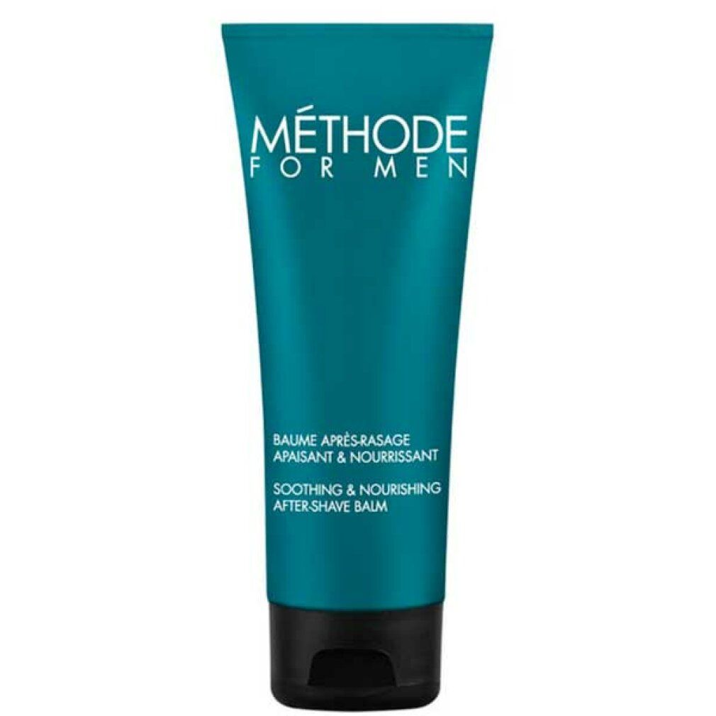 Türkisgrüne Tube mit schwarzem Deckel. Aufschrift: MÉTHODE FOR MEN, Balsam nach der Rasur.