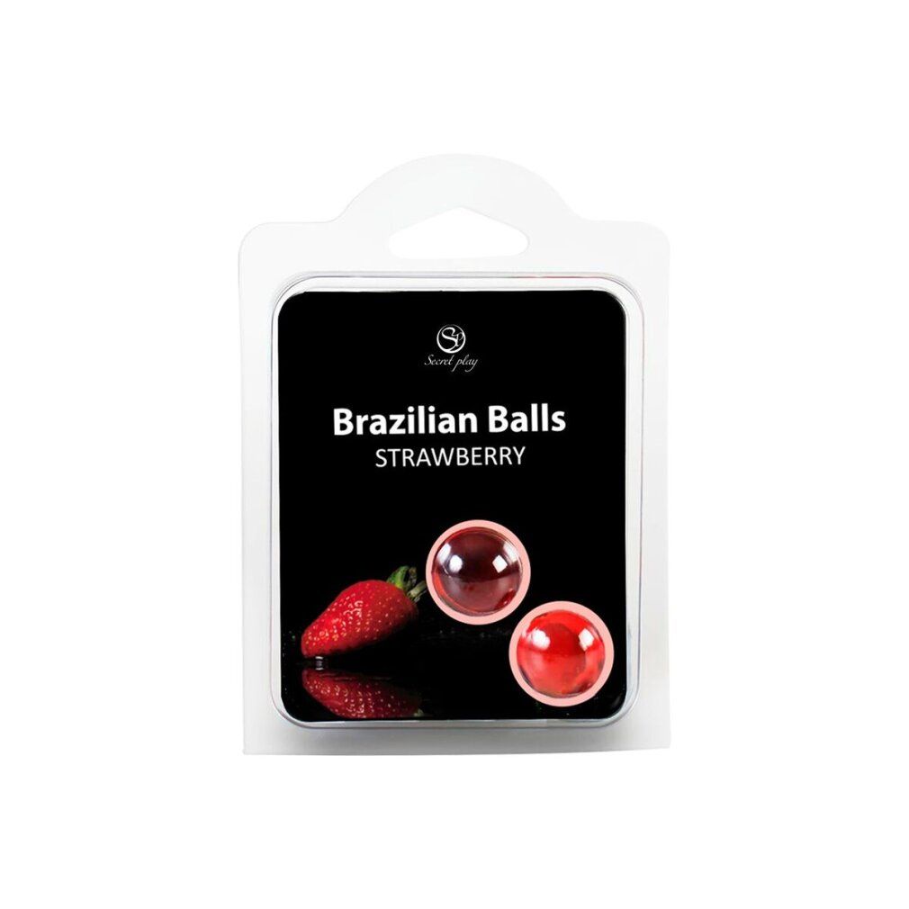 Verpackung mit zwei roten, runden Brazilian Balls Erdbeere. Daneben Erdbeeren und zwei weitere Kugeln.