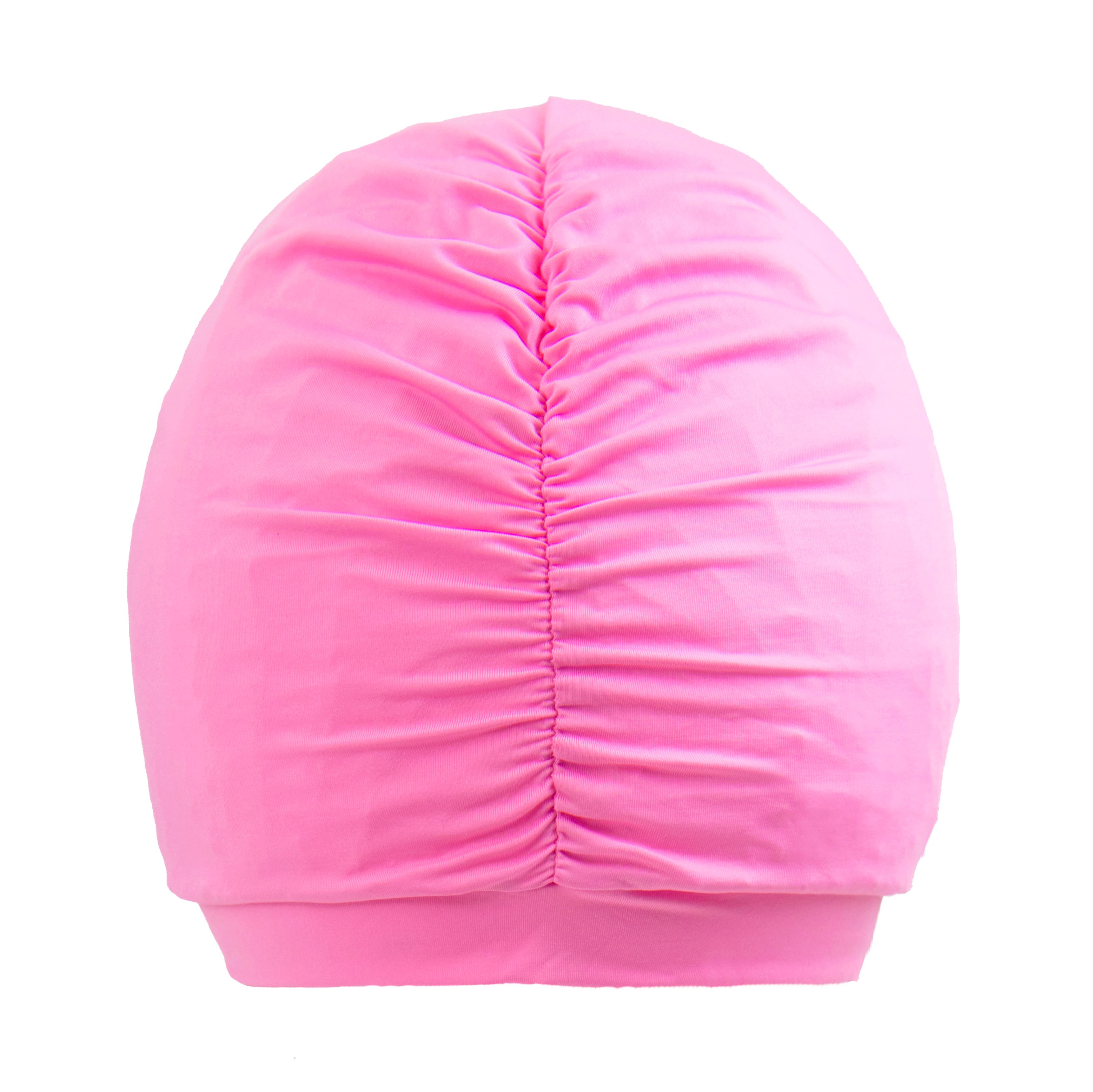 Rosa Duschhaube mit geraffter Oberseite. Aus Stoff gefertigt, mit breitem Saum. Blick von oben.