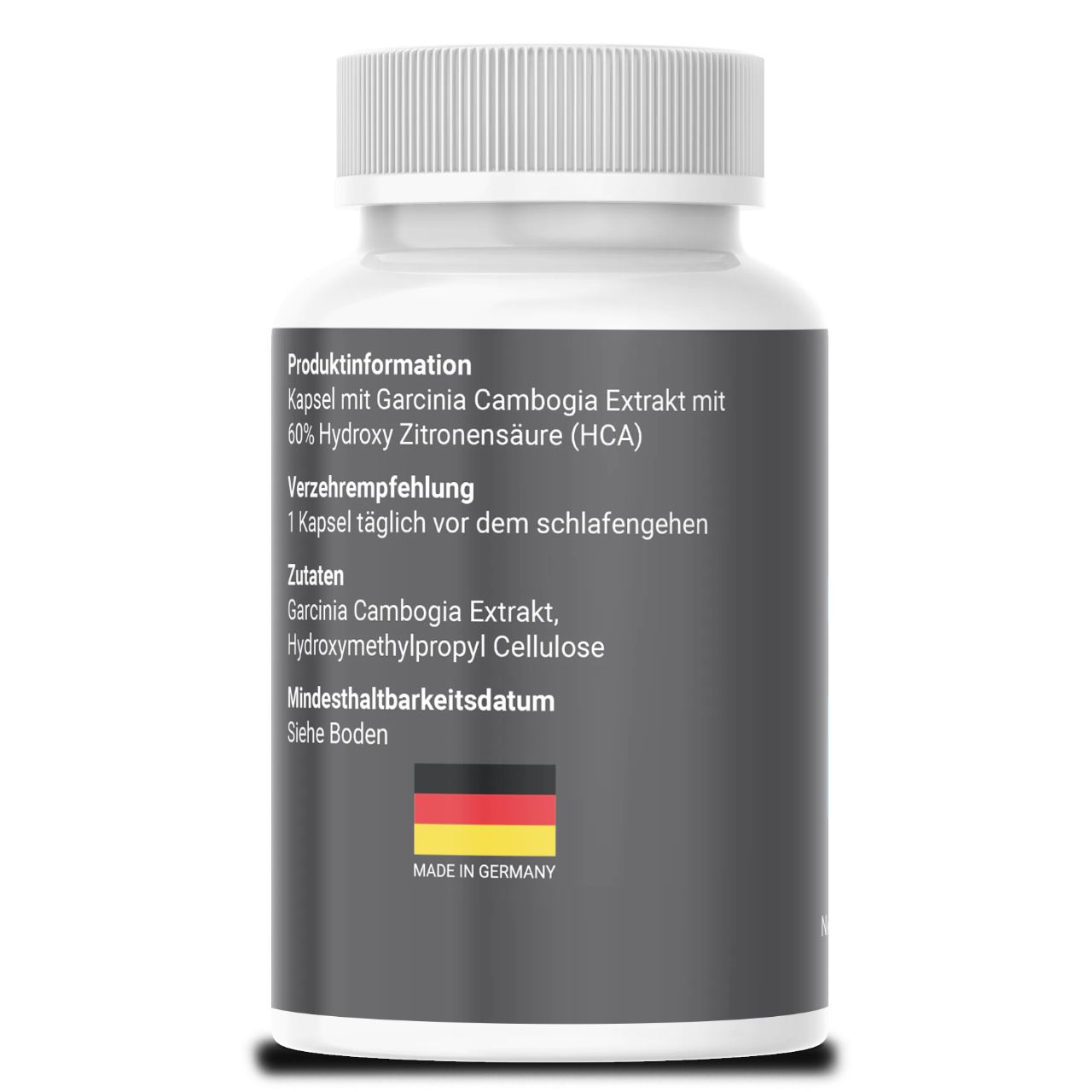 Rückseite der Kapsel-Flasche. Produktinformationen, Inhaltsstoffe, Mindesthaltbarkeitsdatum. Made in Germany.