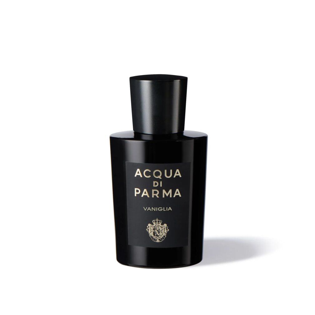 Schwarze Flasche mit Aufschrift ACQUA DI PARMA, VANIGLIA. Schwarzer Deckel. Goldfarbene Schrift.