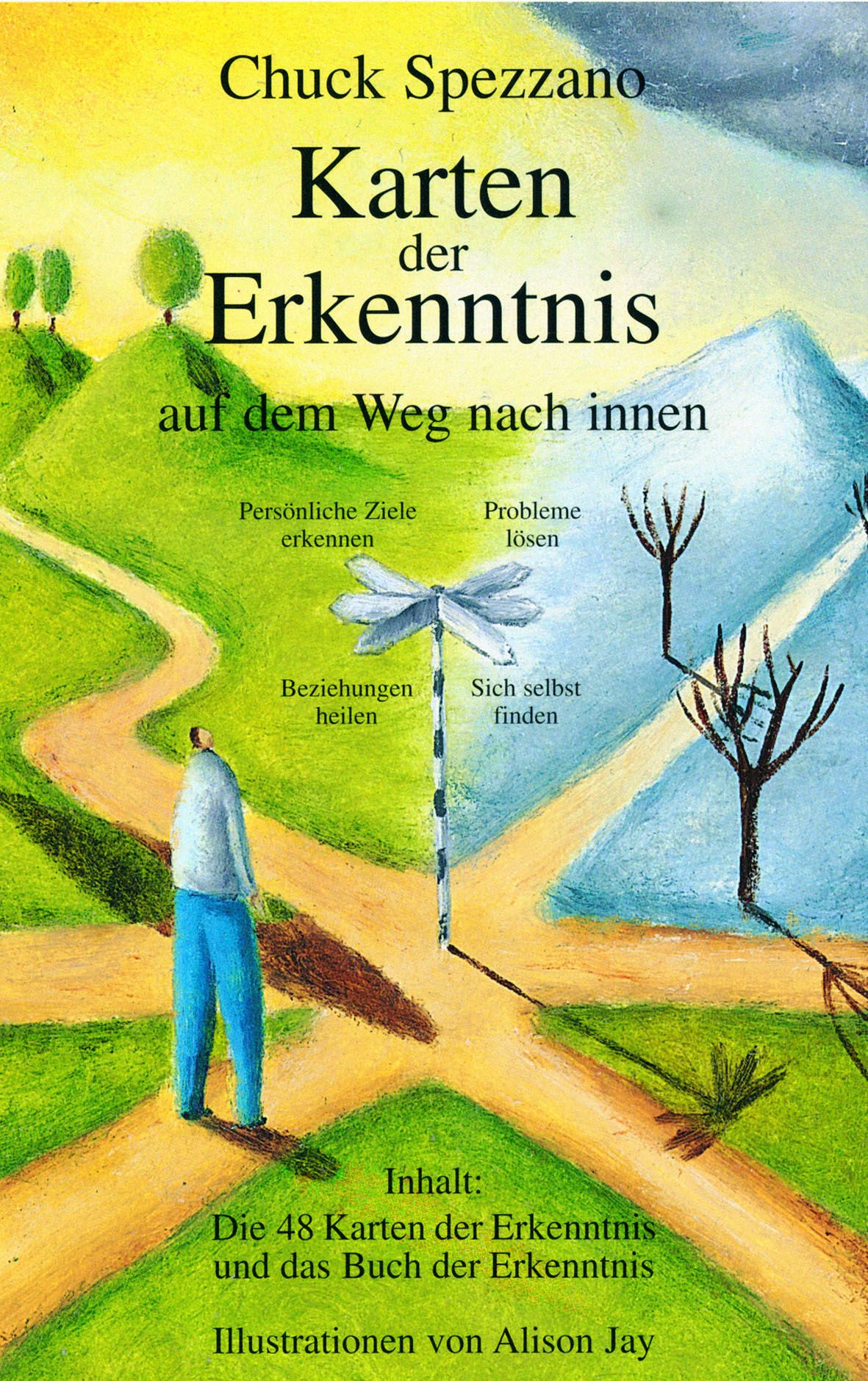 Buchcover mit Titel: Karten der Erkenntnis auf dem Weg nach innen. Illustration einer Person auf einem Weg, der sich gabelt.