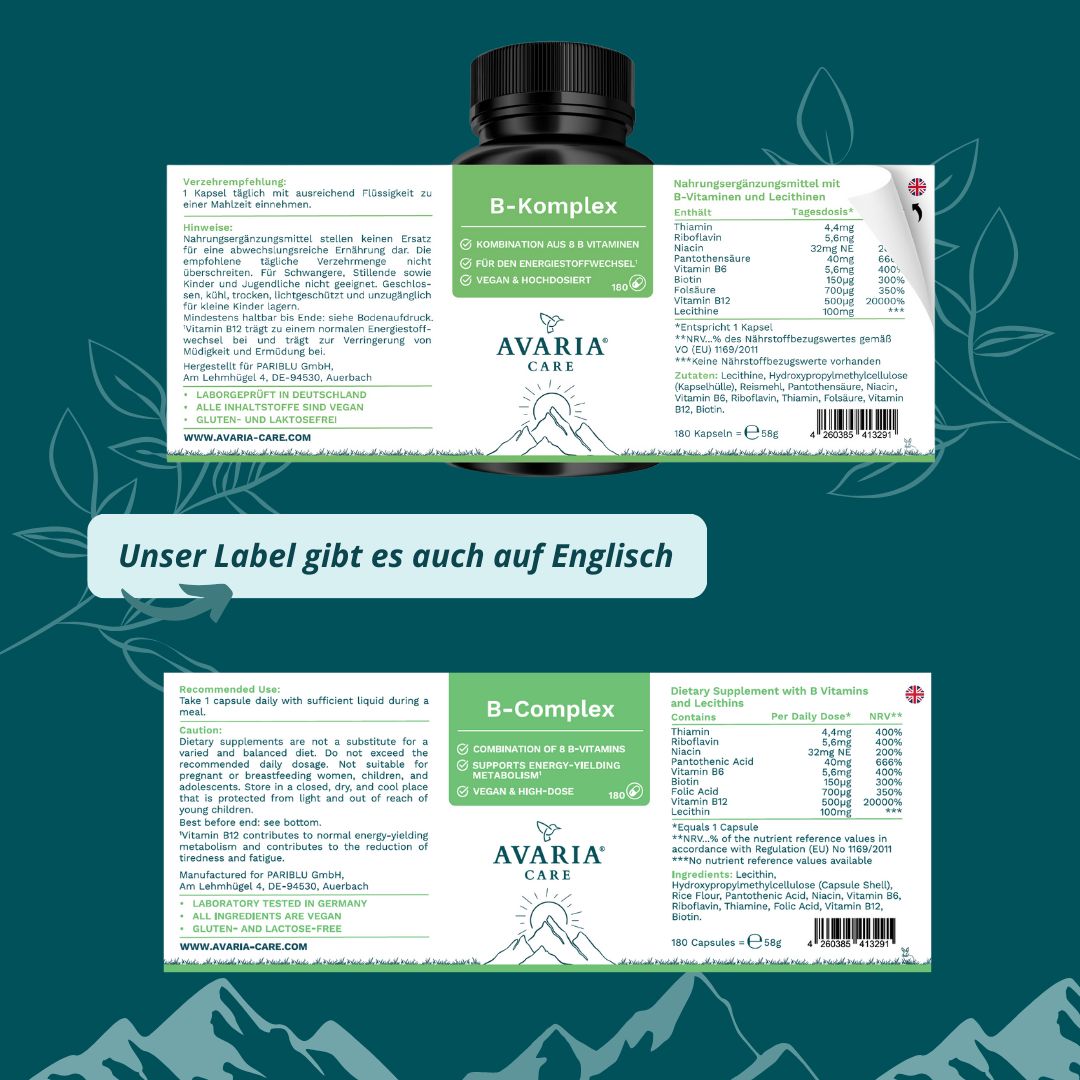 Produktetikett mit Informationen zu AVARIA CARE® B-Komplex. Enthält Nährwertangaben und Inhaltsstoffe. Auch auf Englisch verfügbar.