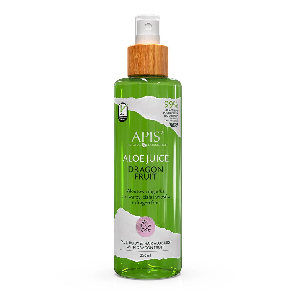 Grüne Sprühflasche mit Holzdeckel. Beschriftung: APIS ALOE JUICE DRAGON FRUIT. Text: FACE, BODY & HAIR ALOE MIST WITH DRAGON FRUIT. 99% Inhaltsstoffe natürlichen Ursprungs.