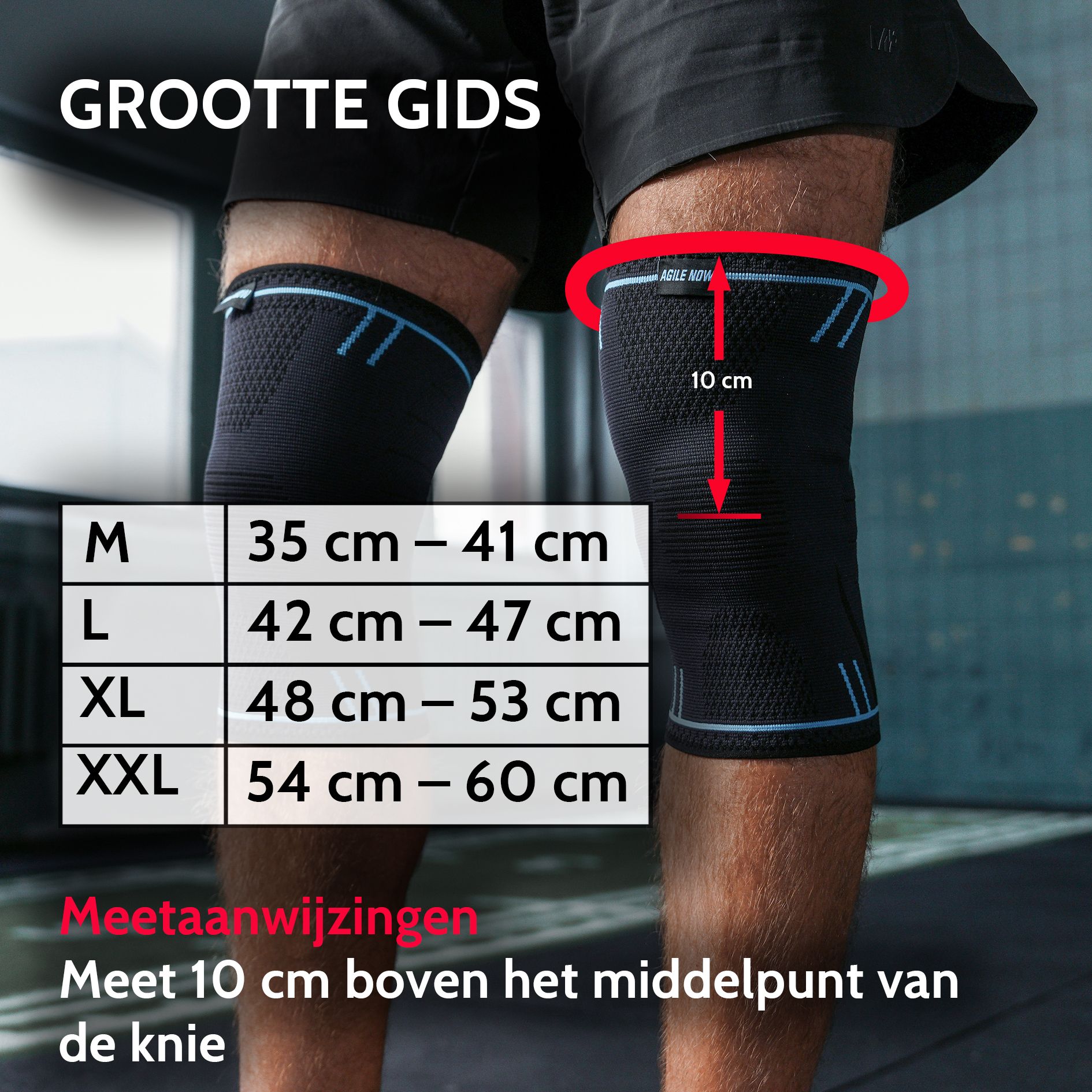 Man aan het tennissen, kniebeschermers. Maattabel: M, L, XL, XXL. Meetinstructies: 10 cm boven de knie.