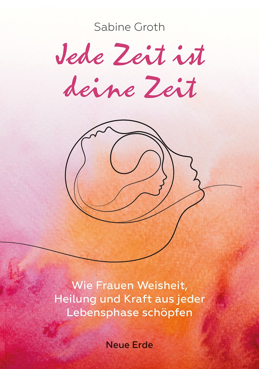 Buchcover. Titel: Jede Zeit ist deine Zeit. Autorin: Sabine Groth. Illustration: Frauengesichter. Verlag: Neue Erde. Farblich in Rosa-Orange gehalten.